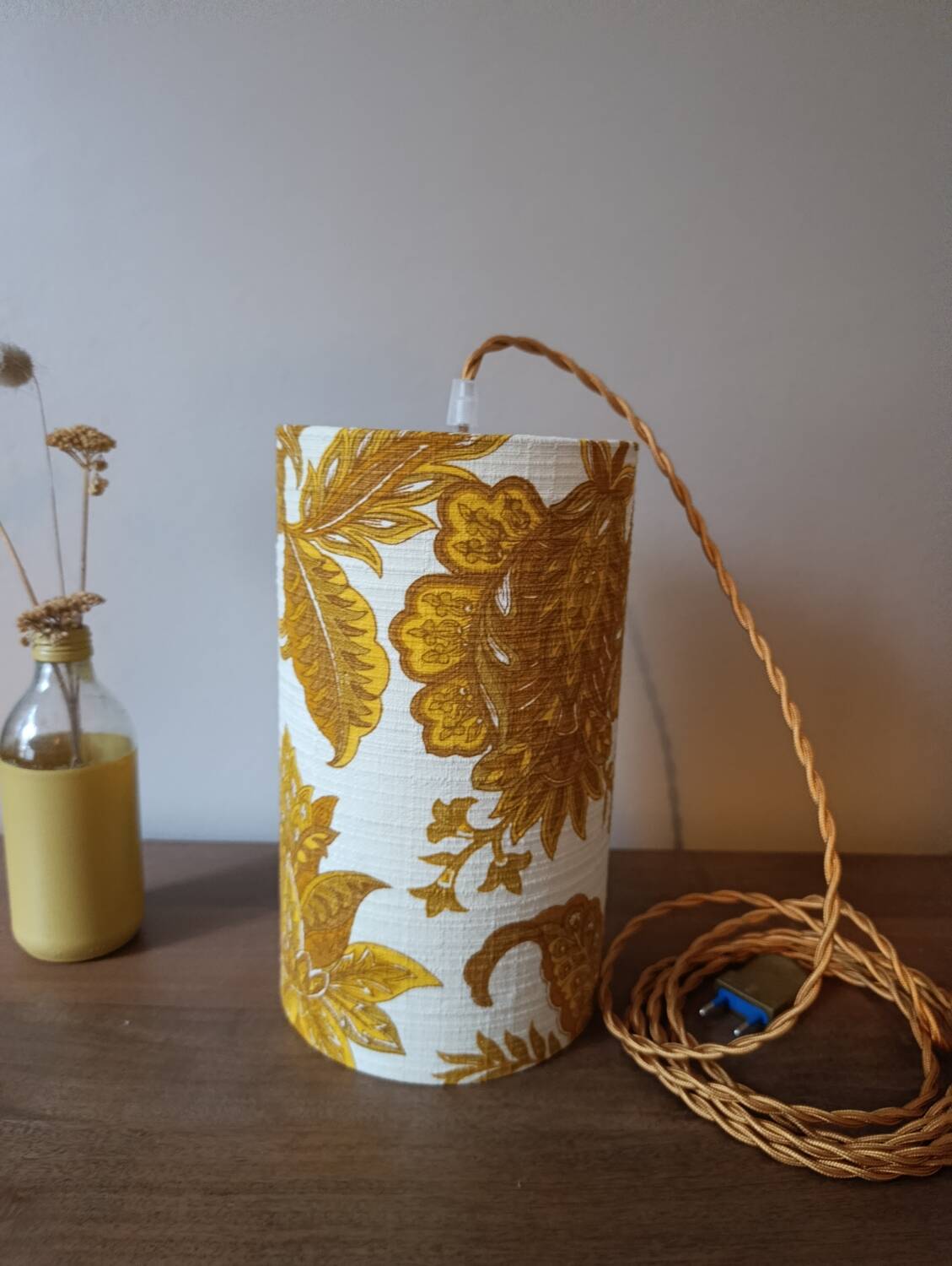 Suspension, nomadic fabric lampshade in vintage yellow floral.