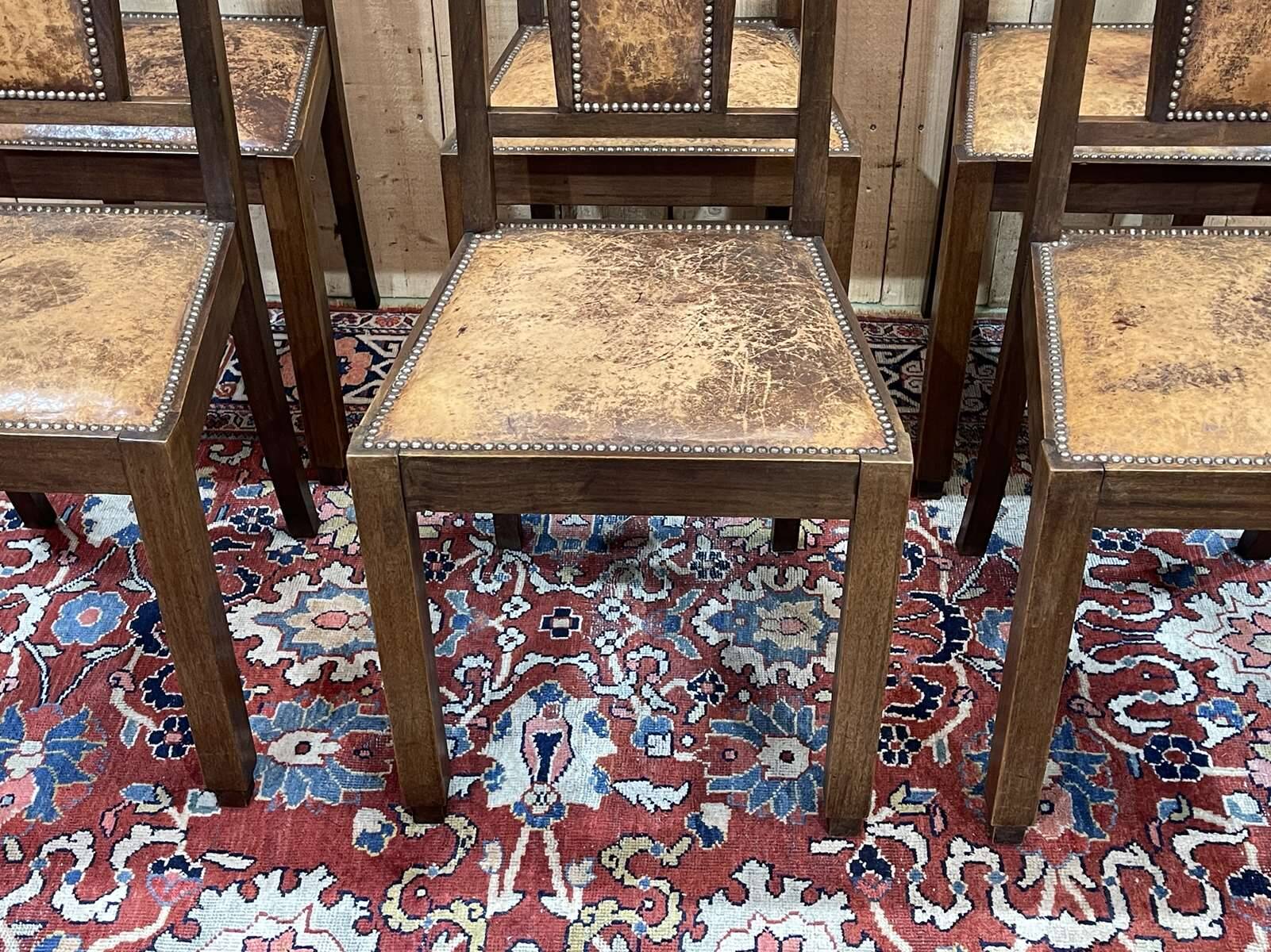 Series of 6 Art Deco chairs in mahogany and leather from the 1930s