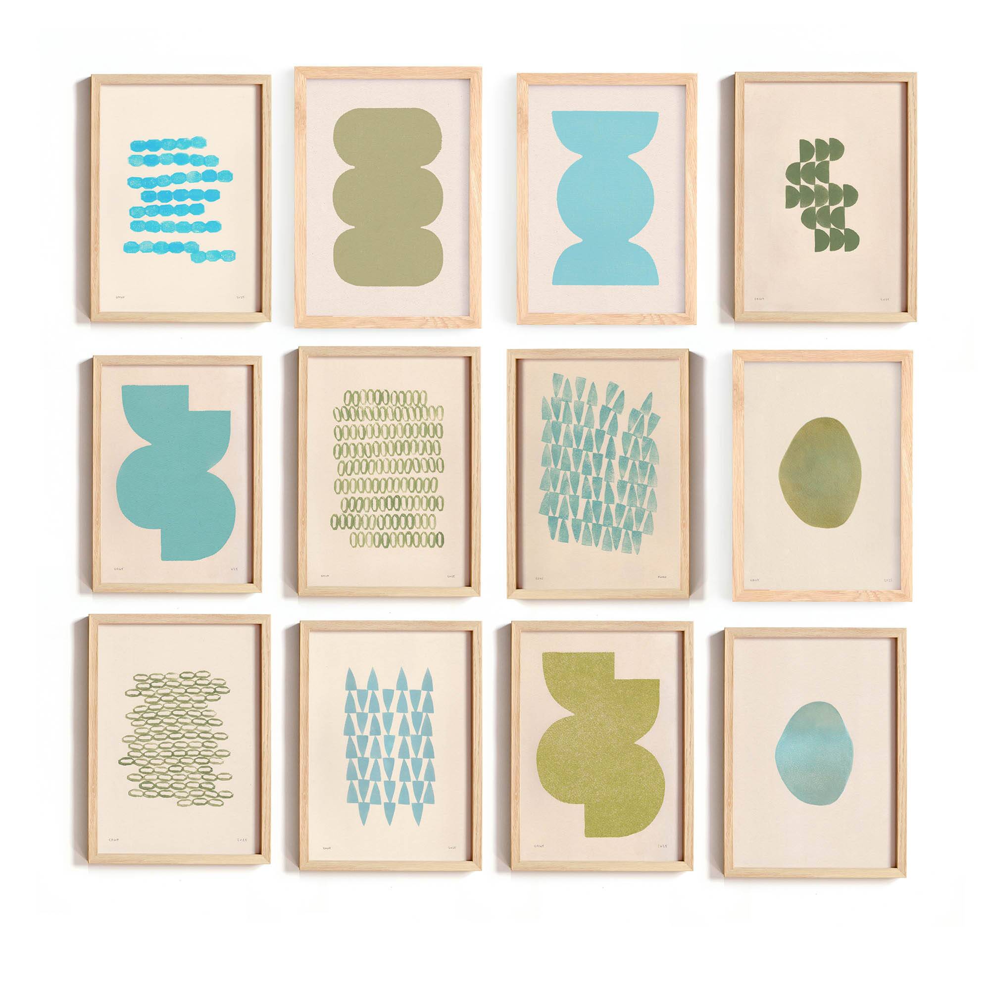 Collection of 12 framed paintings on paper, cool colours.