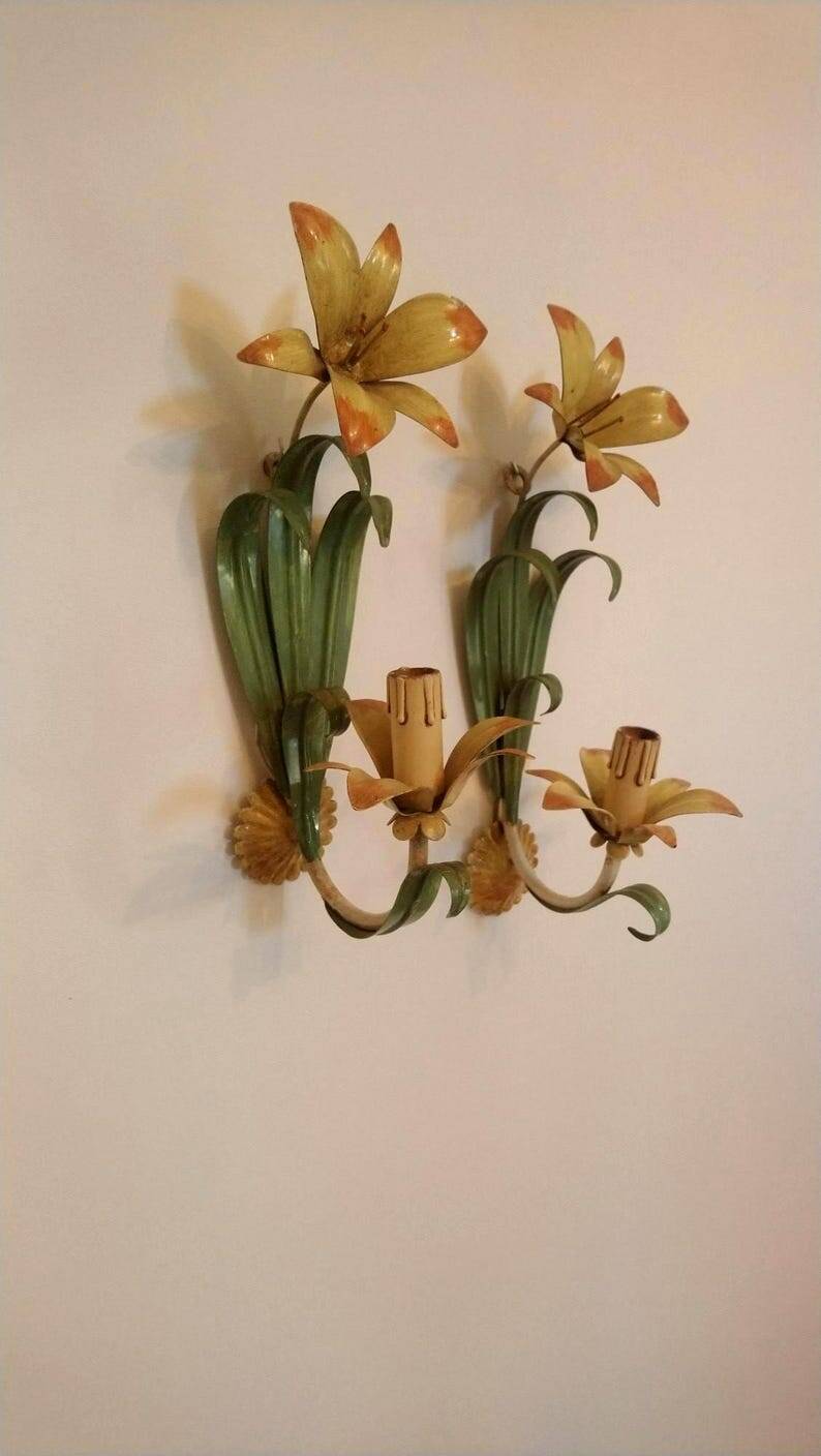 Floral single-arm wall lights, wall sconces, toleware, French vintage enamel.