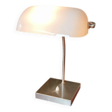 Lampe de notaire ancienne en métal brossé et opaline blanche