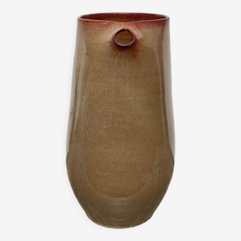 Vase pichet en grès émaillé vintage marron beige signé 60 70