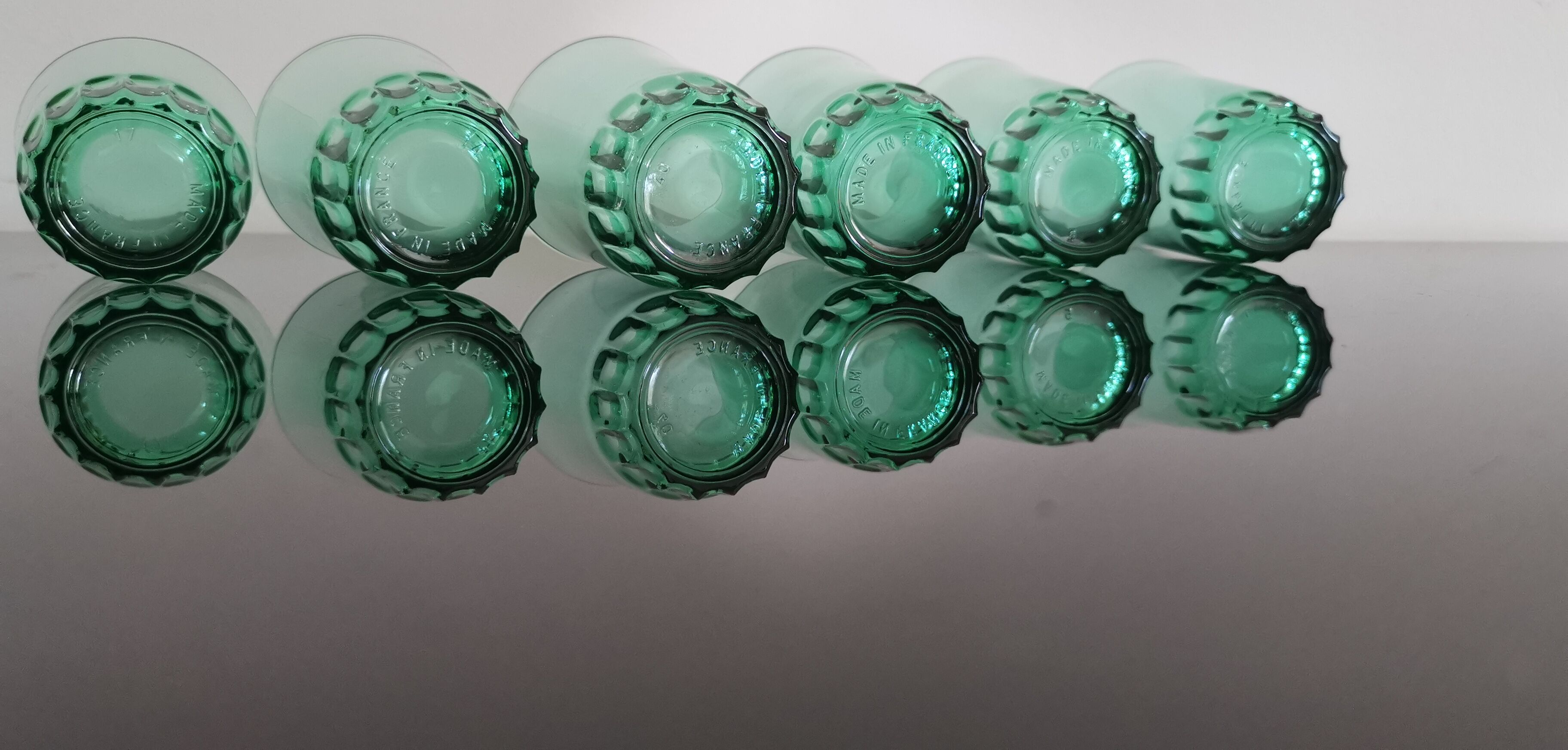 6 old emerald green water glasses