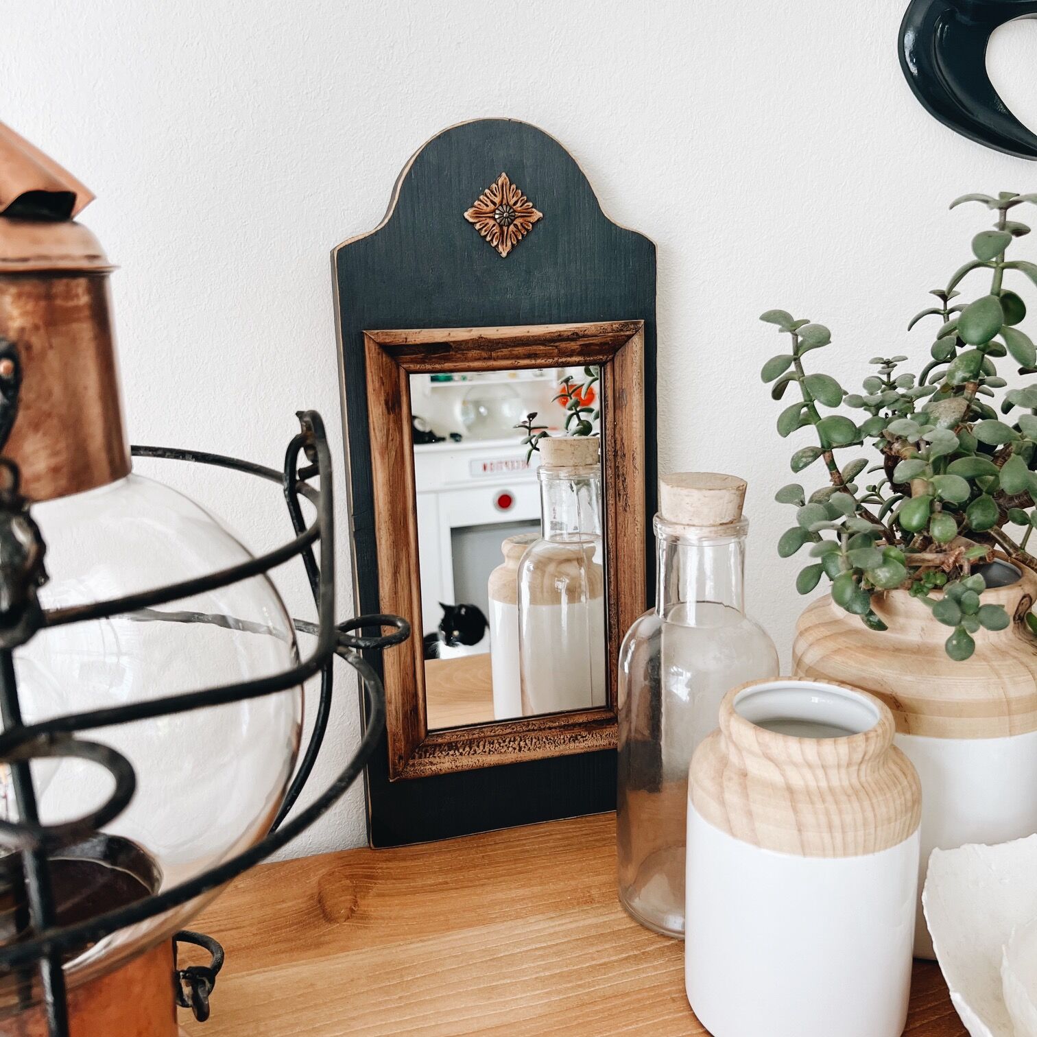 Wooden and black mirror