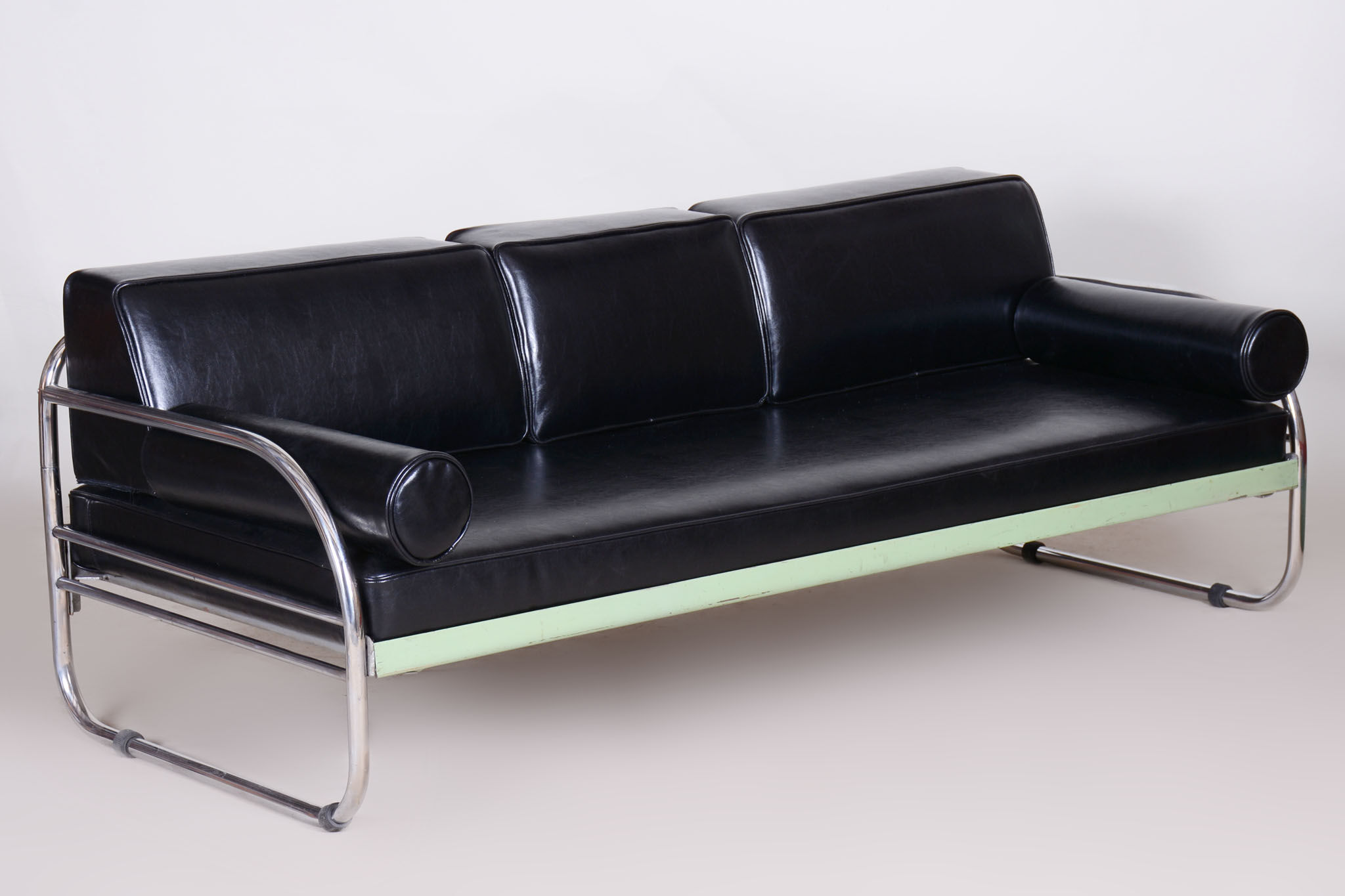 Restored black bauhaus sofa, robert slezak, high-quality leather, chrome-plated steel, 1930s