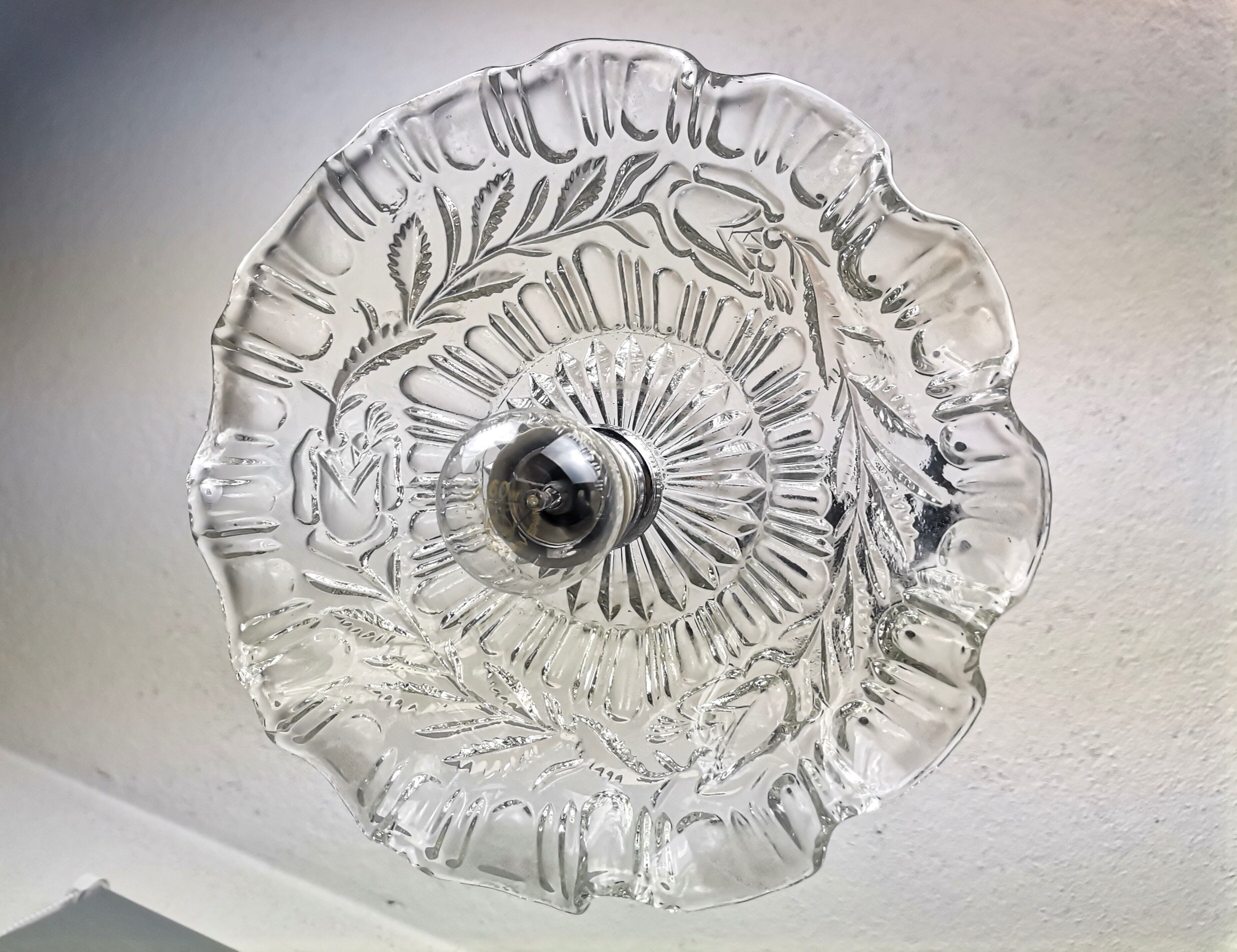 Portuguese farmhouse mid century clear floral glass hanging lamp, 1960s