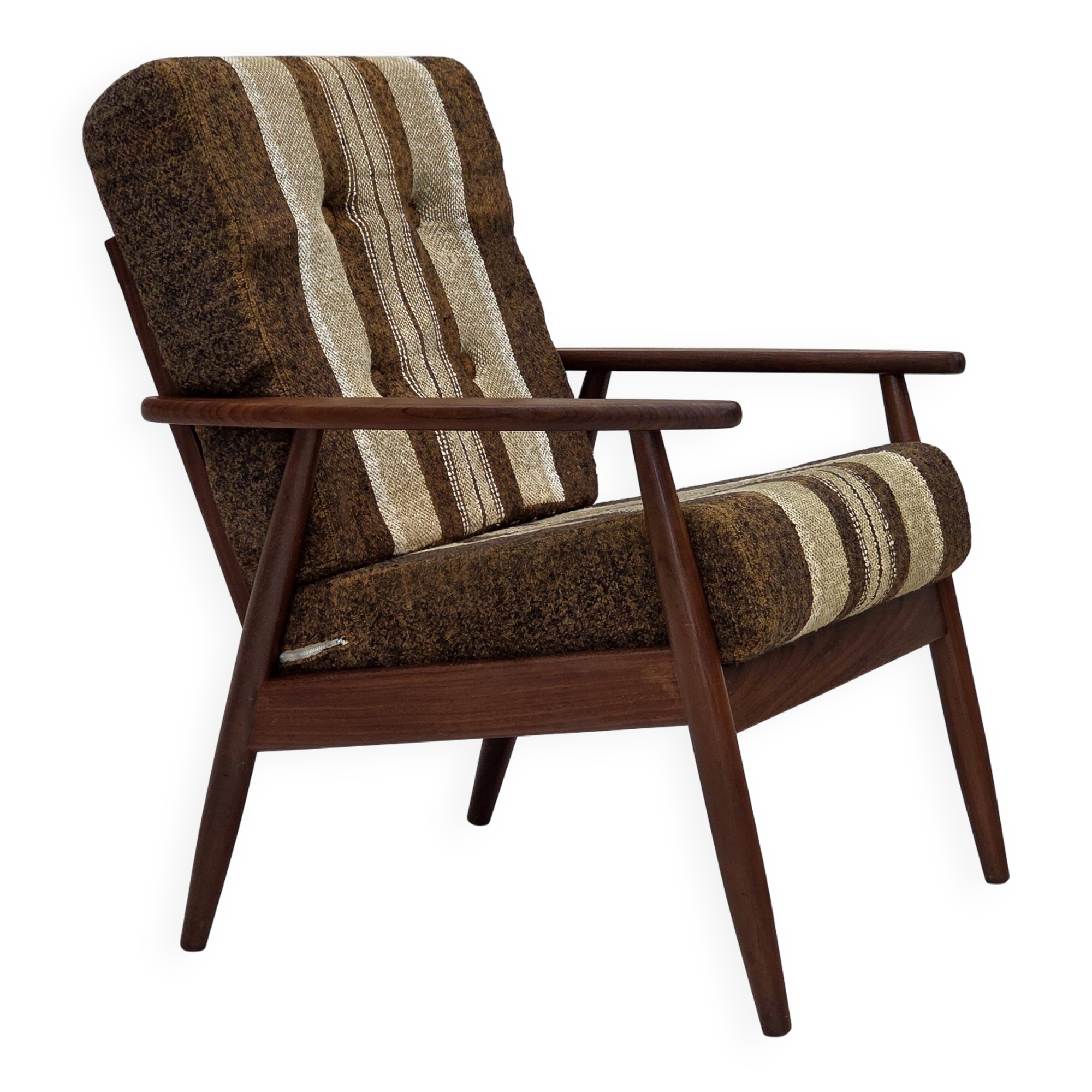 1970s, Danish armchair, teak wood, furniture wool fabric.