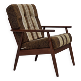 Fauteuil danois des années 1970, bois de teck, tissu d'ameublement en laine.