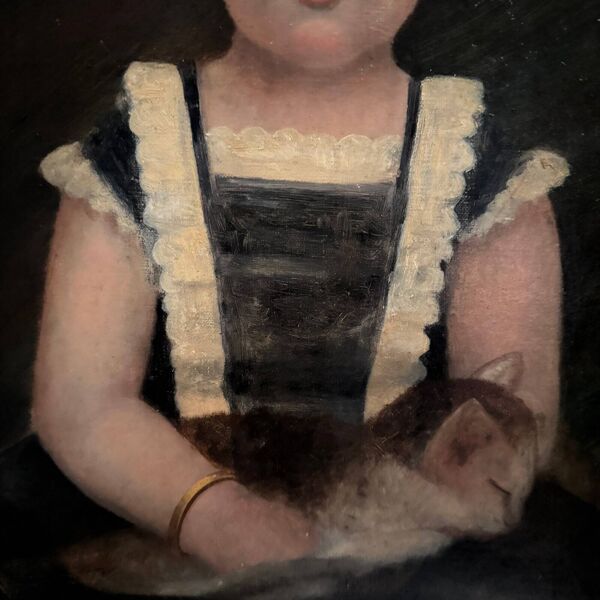 Huile sur toile XIXe jeune enfant portant son chat cadre doré