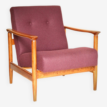 Fauteuil vintage en bois chaise post moderne design par Edmund Homa original fabriqué en 1960 tissu de laine naturelle aubergine fauteuil post moderne en bois chaise longue fauteuil de salon