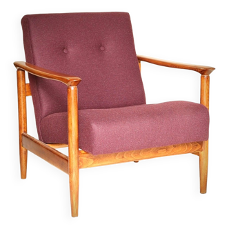 Fauteuil vintage en bois chaise post moderne design par Edmund Homa original fabriqué en 1960 tissu de laine naturelle aubergine fauteuil post moderne en bois chaise longue fauteuil de salon