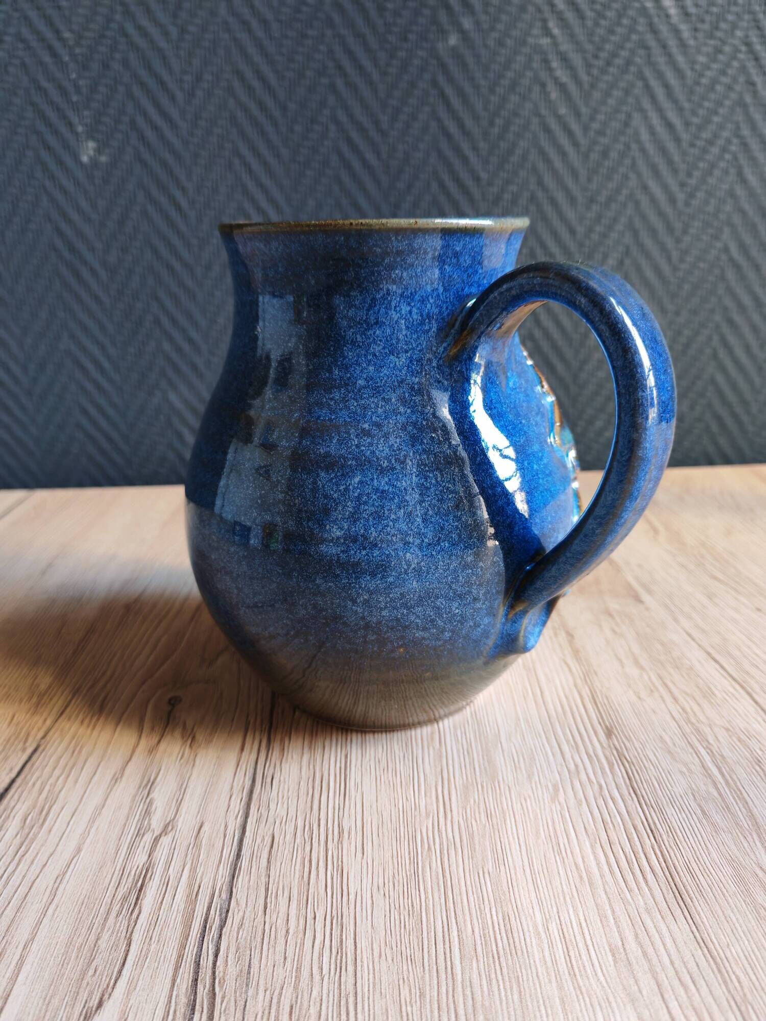 Vintage Blue Stoneware Jug with Grape Cluster Pattern, Ceramic Vase