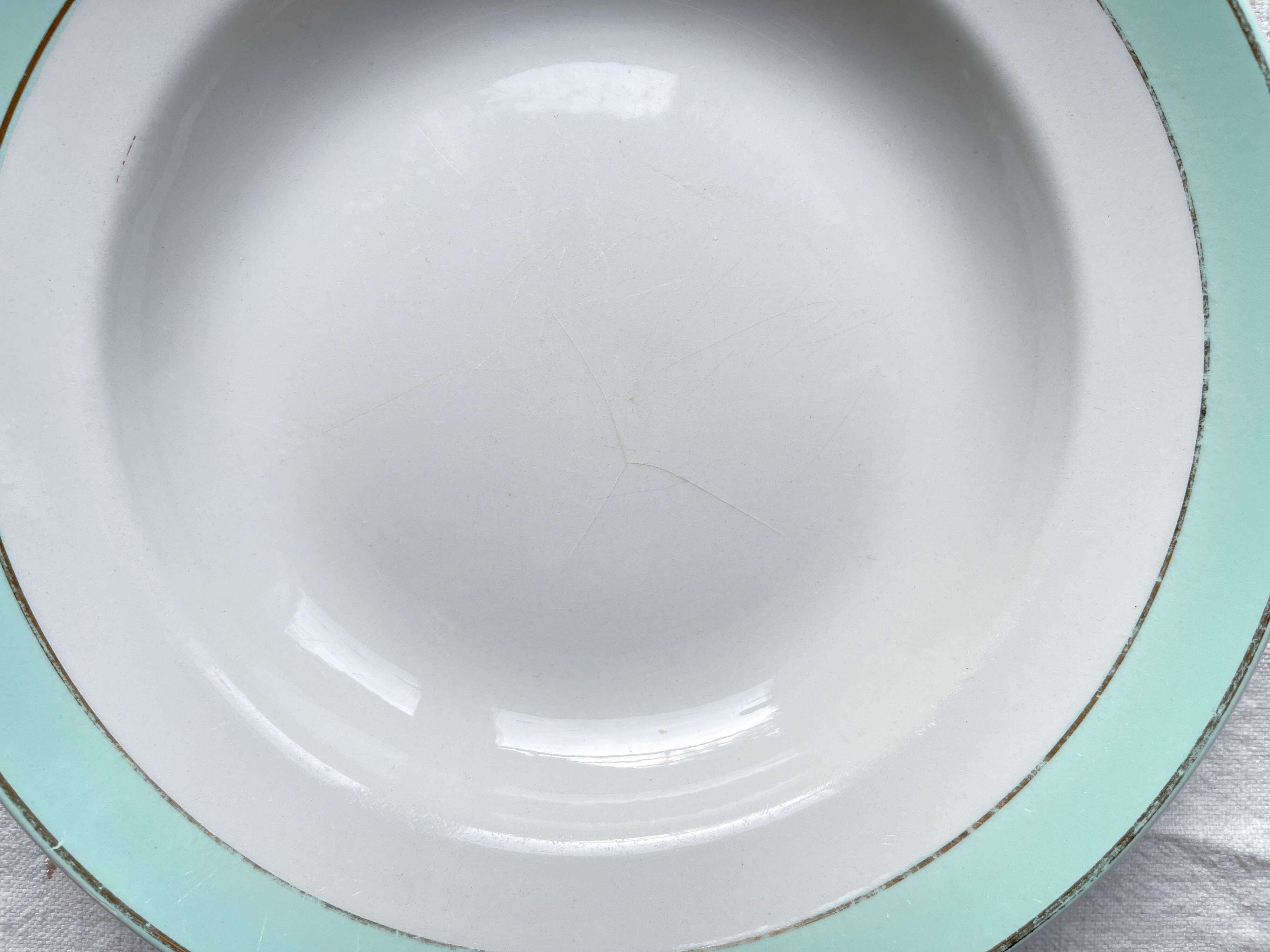 6 vintage LUNEVILLE earthenware soup plates, white, green and gold