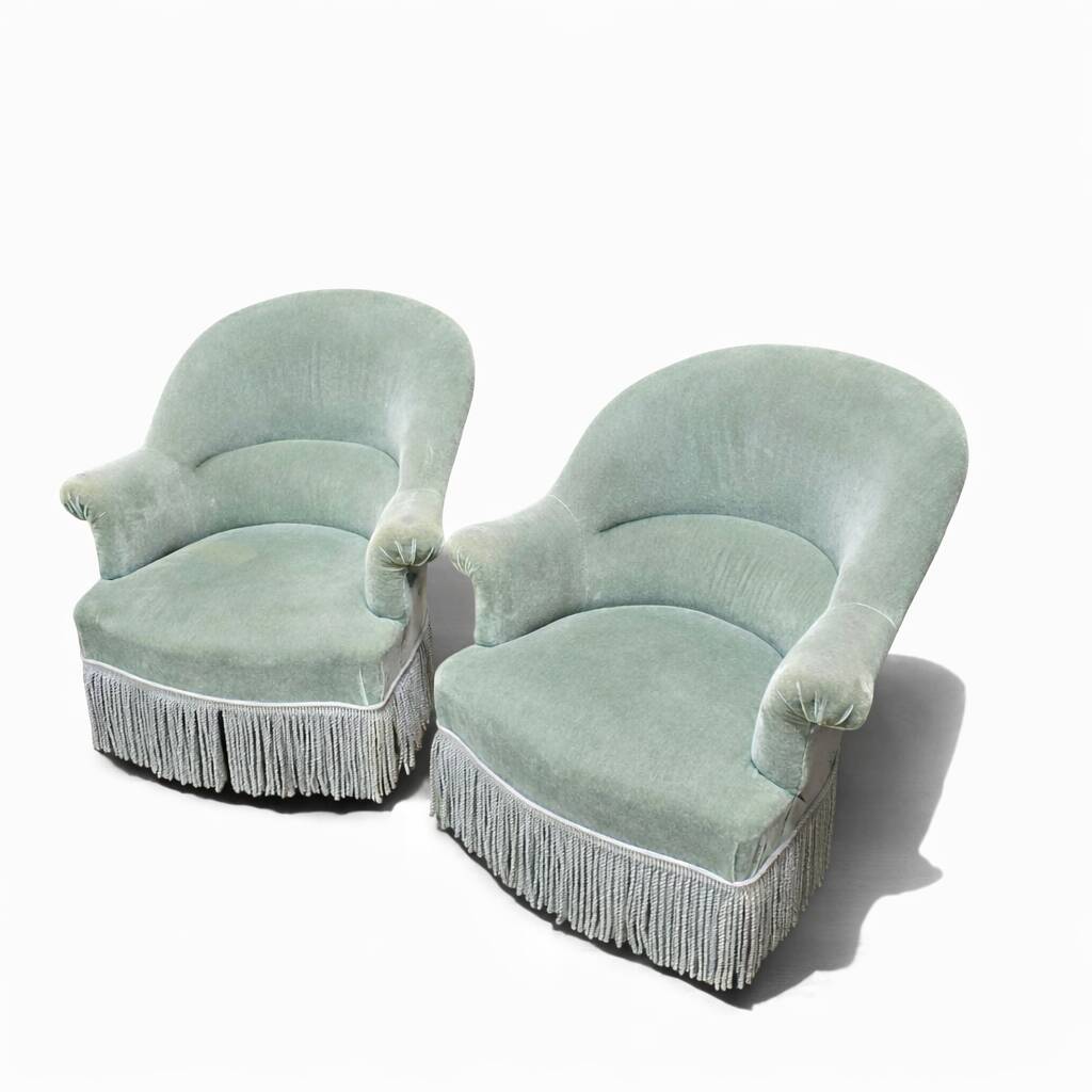 Pair of celadon green velvet armchairs with armrests, esprit
