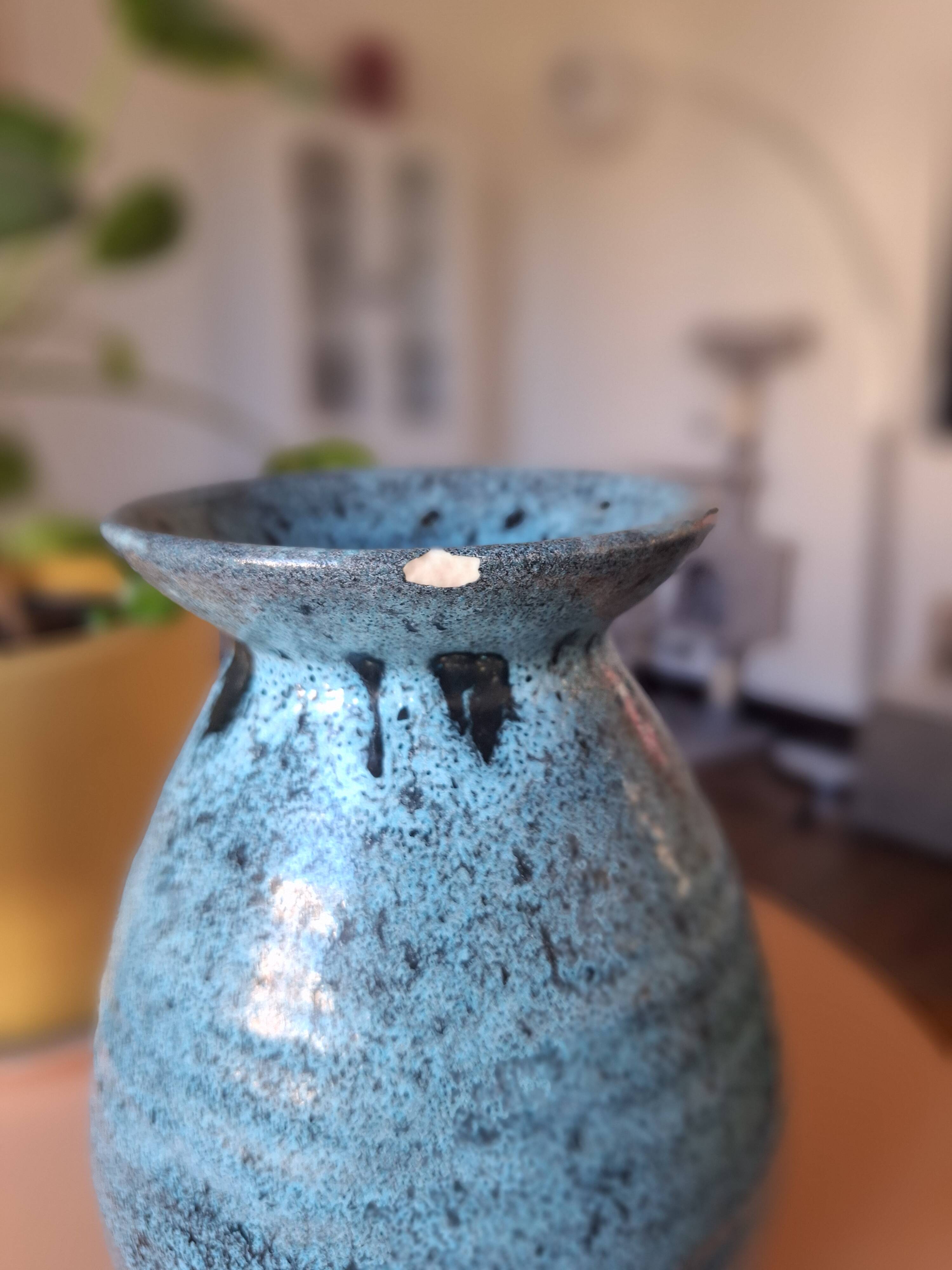 Vintage Accolay ceramic vase - speckled blue enamel - signed - 17 cm