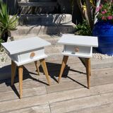 Pair of vintage bedside tables with high compass legs and top design