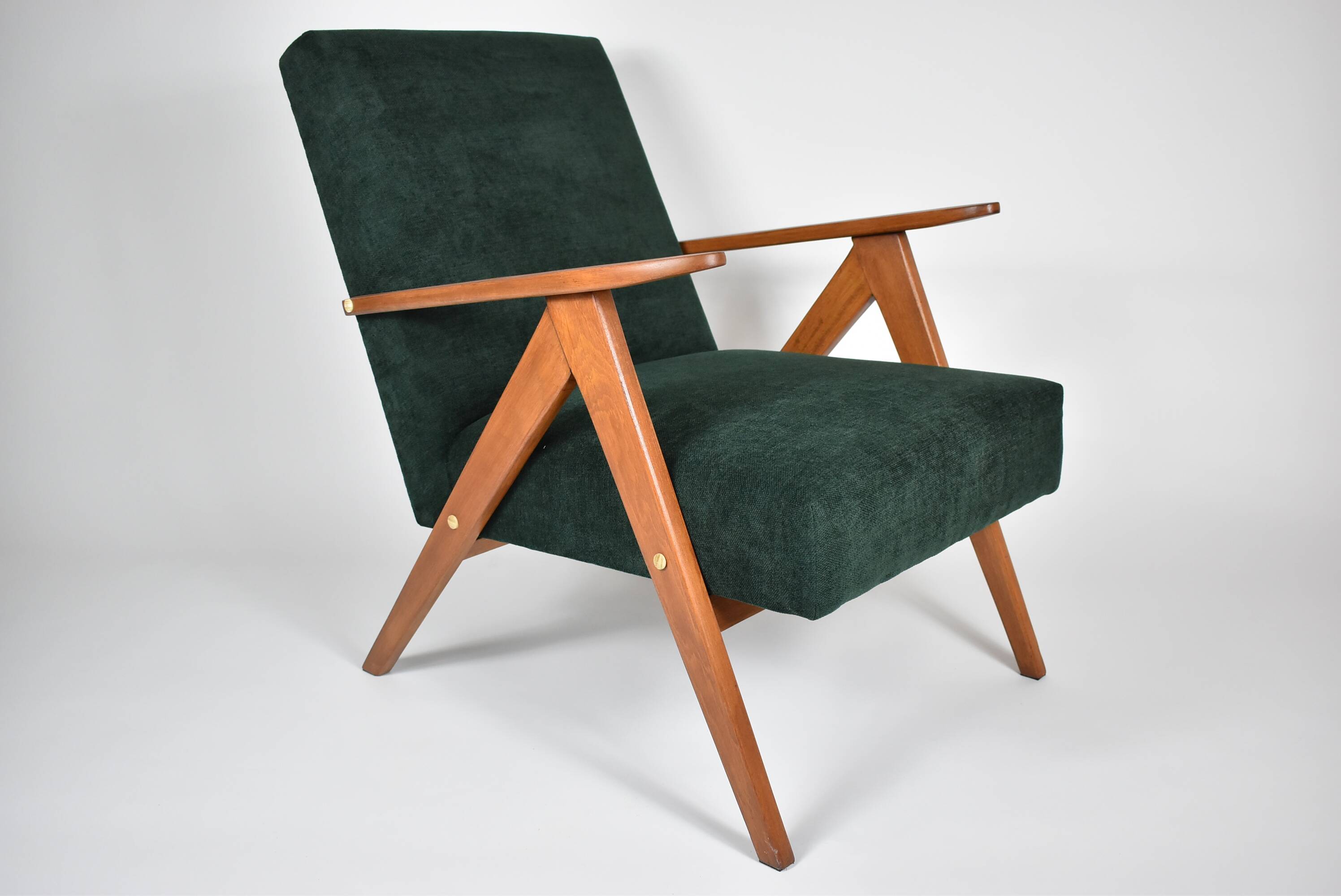 Fauteuil compas restauré, tissu vert forêt, bois de teck, 1960