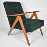 Fauteuil compas restauré, tissu vert forêt, bois de teck, 1960