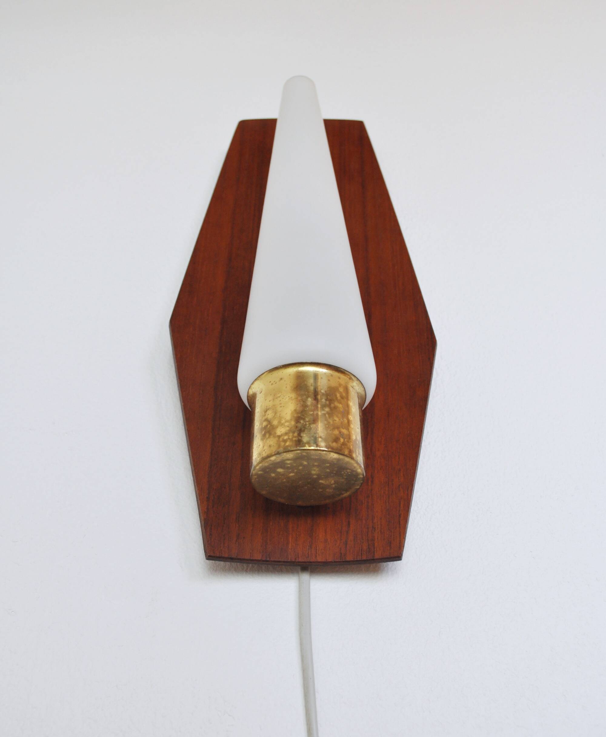 Scandinavian modern danish wall light in teak, brass and opaline glass, 1960s