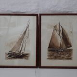 Pair of watercolor washes of sailing ships by Francis Kulhen