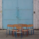 8 vintage wooden and metal school chairs