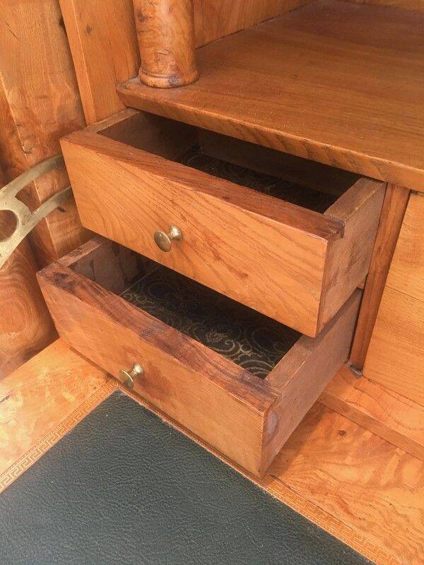Empire-style secretary desk in burr walnut with detached columns, drop-front, and secret drawer