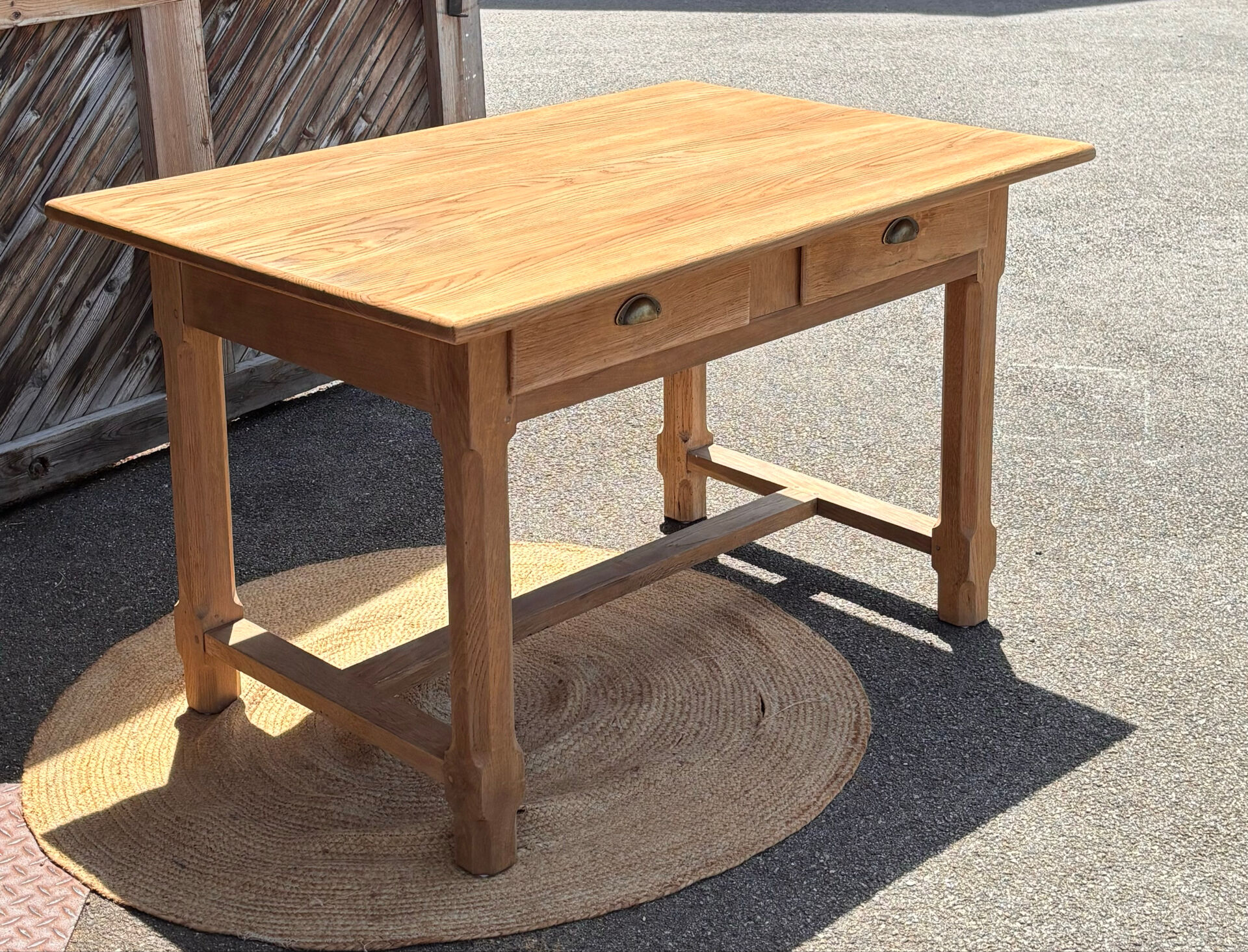 Old farmhouse table in raw solid oak with 2 drawers.