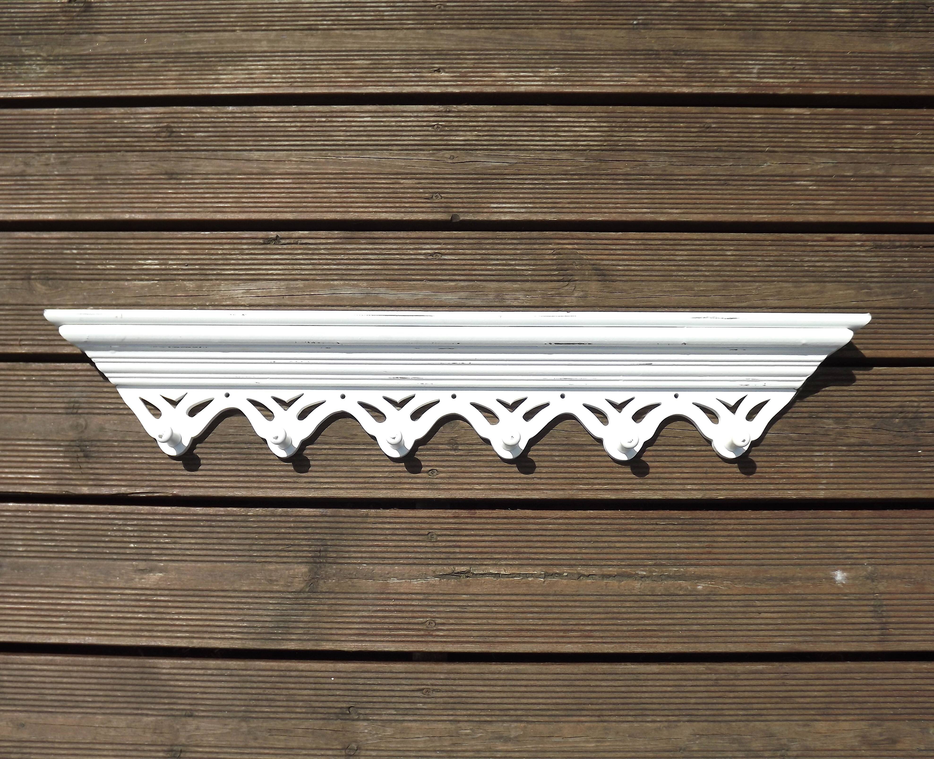 Vintage French White Shabby Chic 6 Peg Coat Rack with Shelf Cut-Out Detail