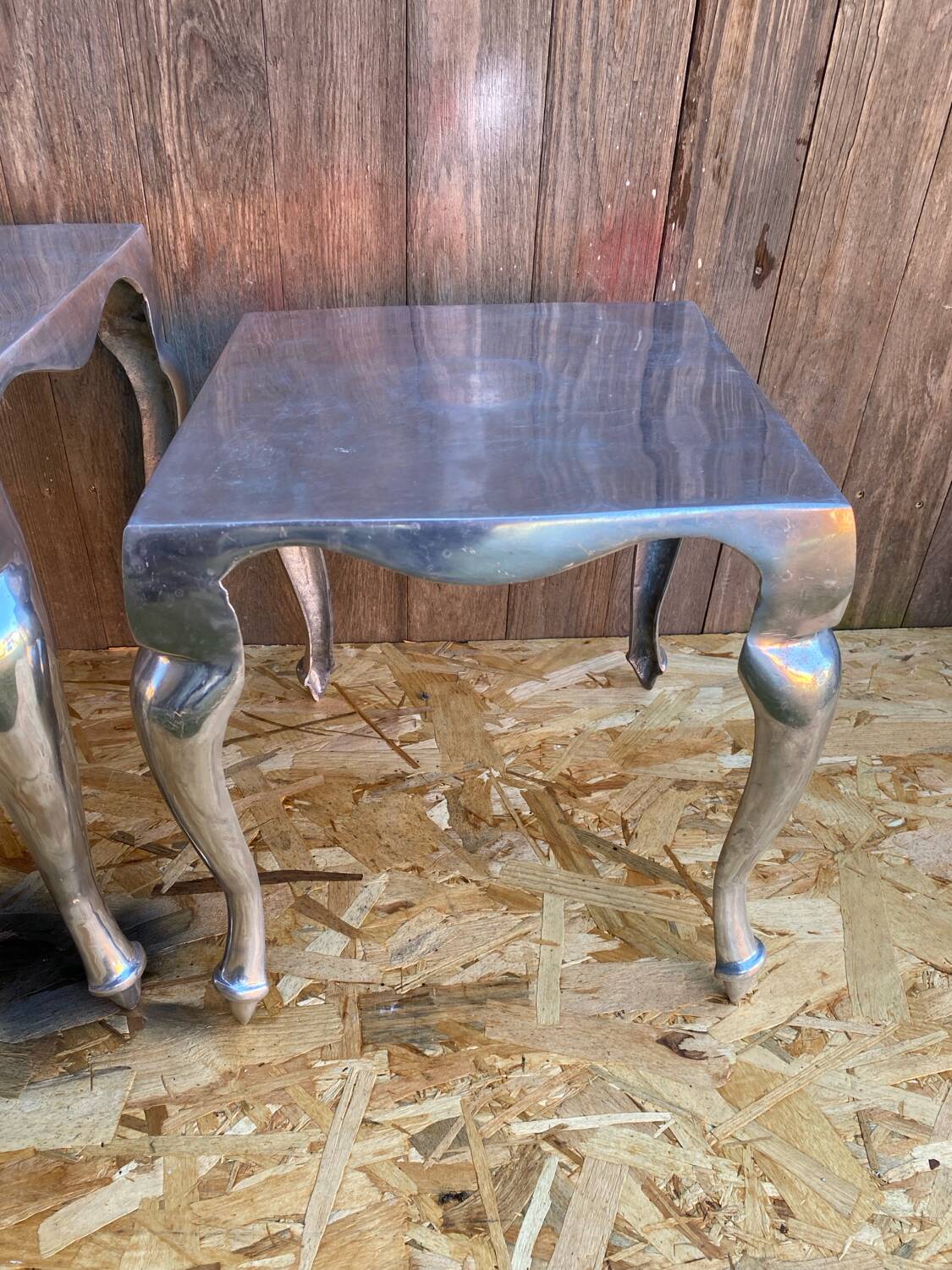 Pair of Louis XV Style Nesting Coffee Tables in Vintage Polished Aluminum
