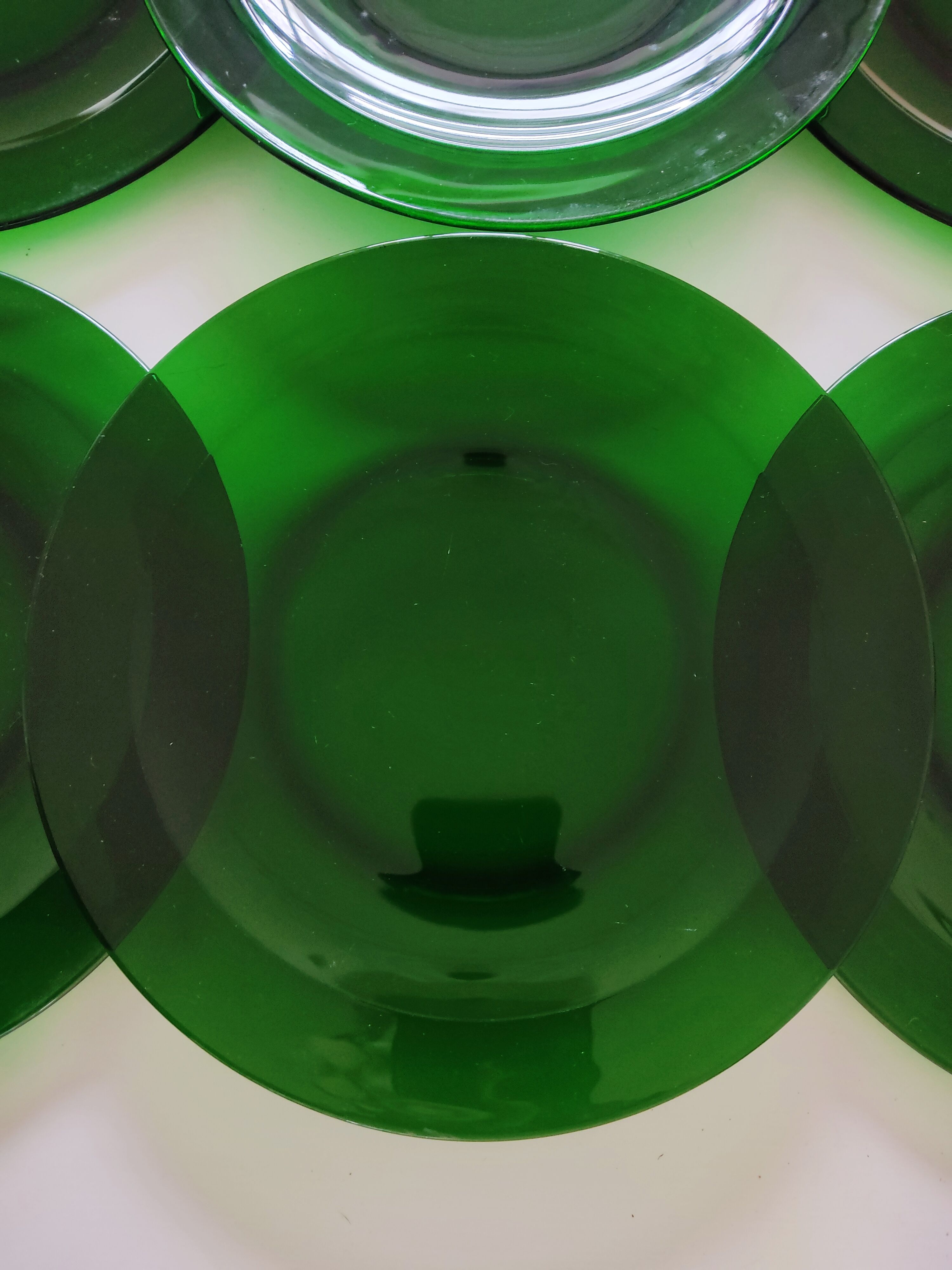 6 dishes in green glass