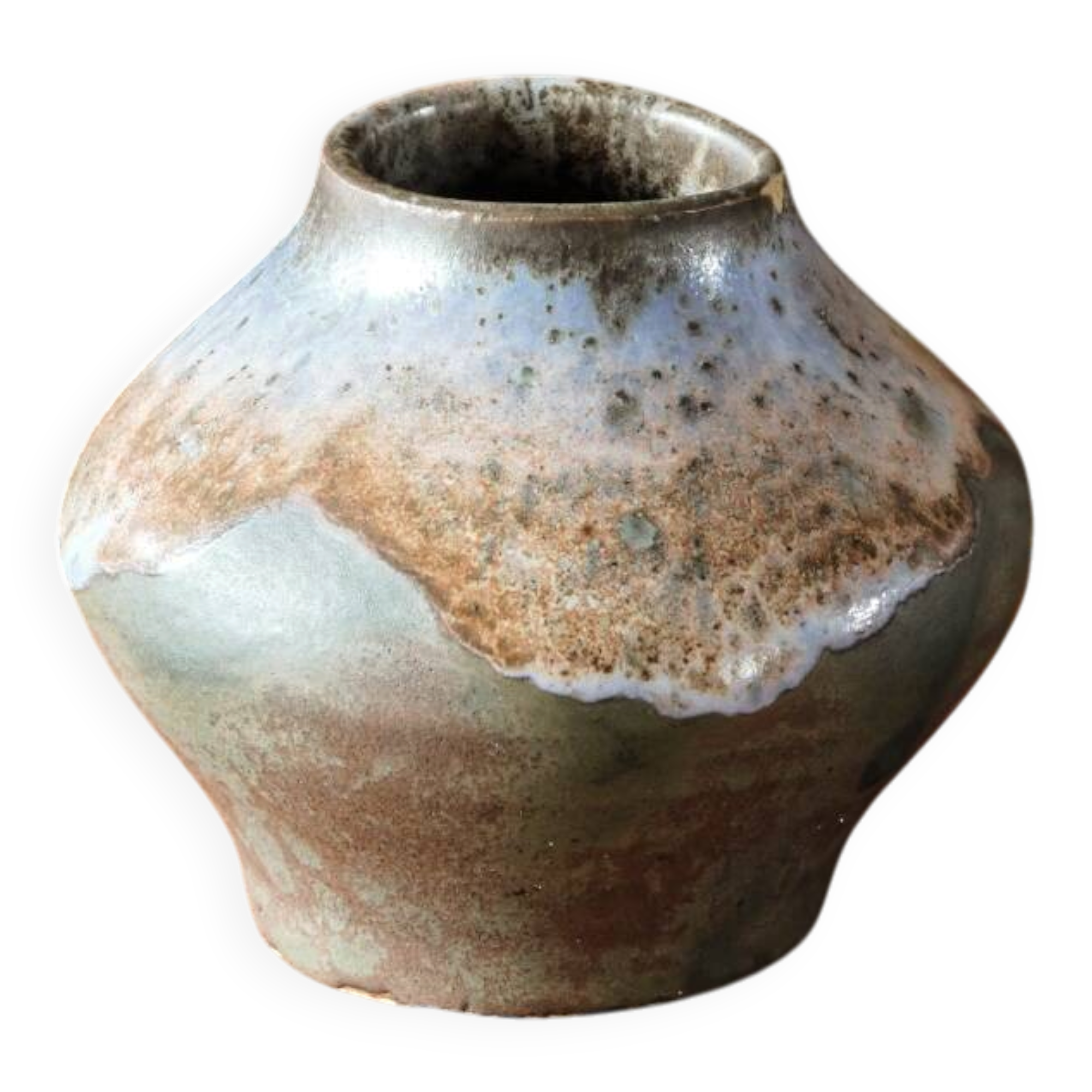 Small stoneware vase, monogrammed HR, experimental glaze, early 20th century.