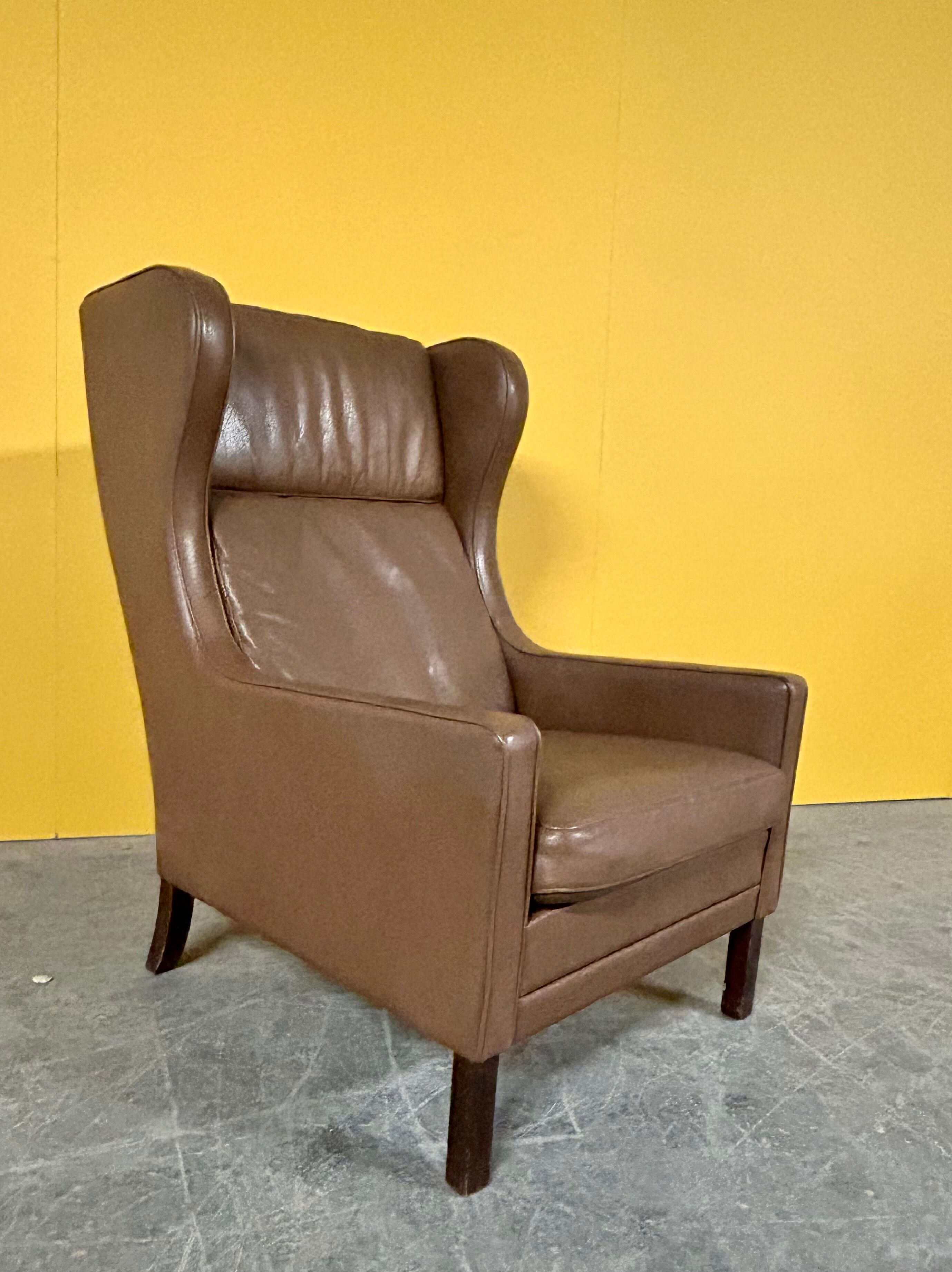 Danish vintage brown leather  high back armchair 1960s
