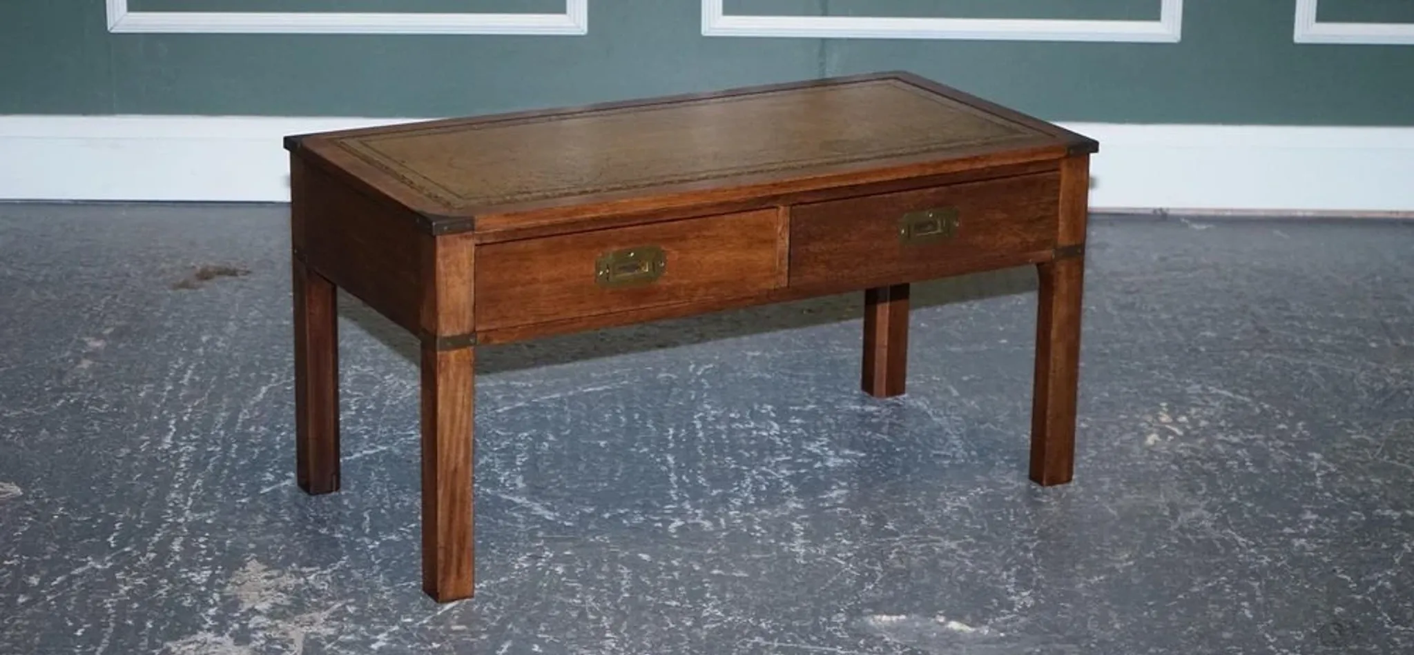 Coffee Table Military Campaign with Brown Leather Top from Harrods London