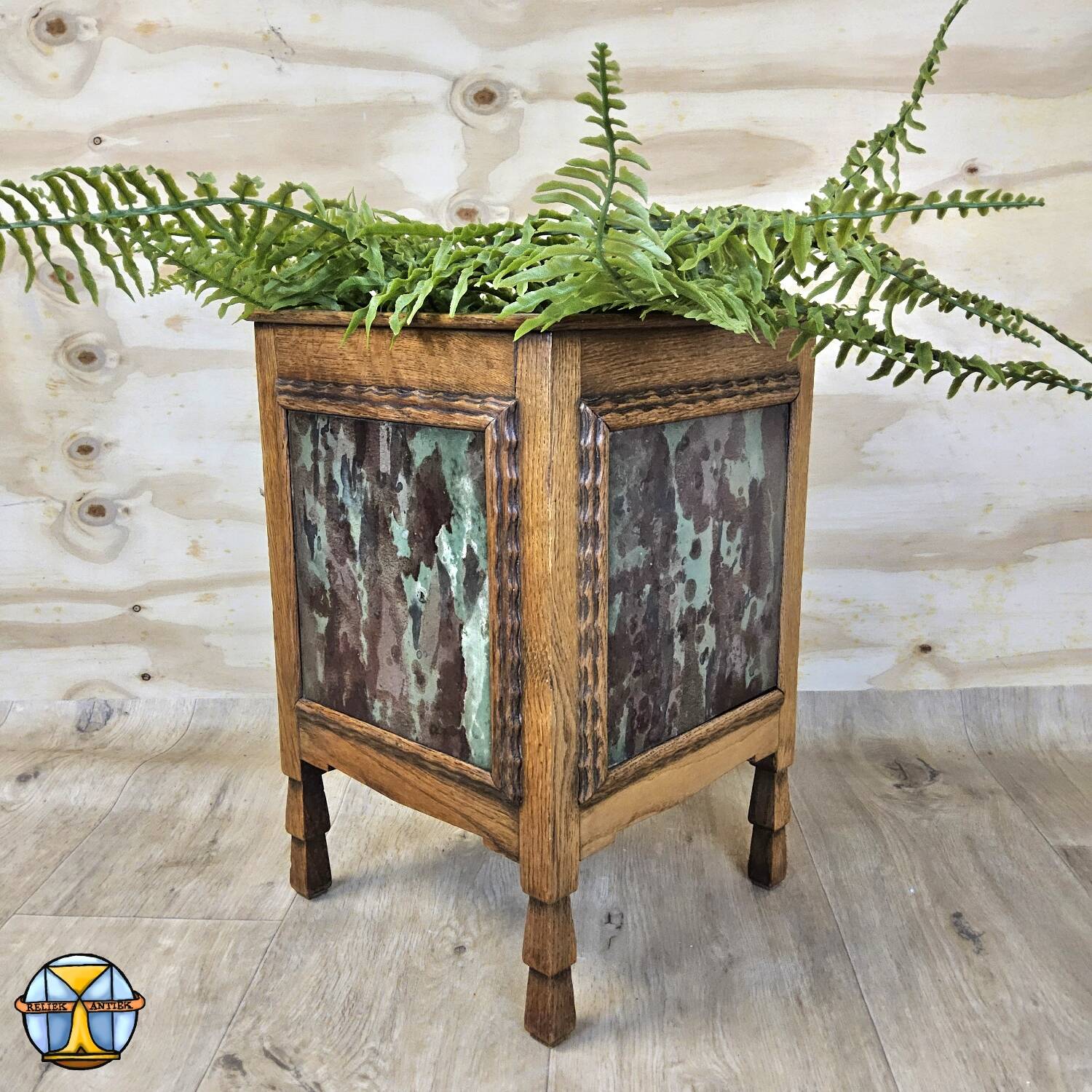 Antique Art Deco (Haagse School) planter with tiles / wood  (Holland)