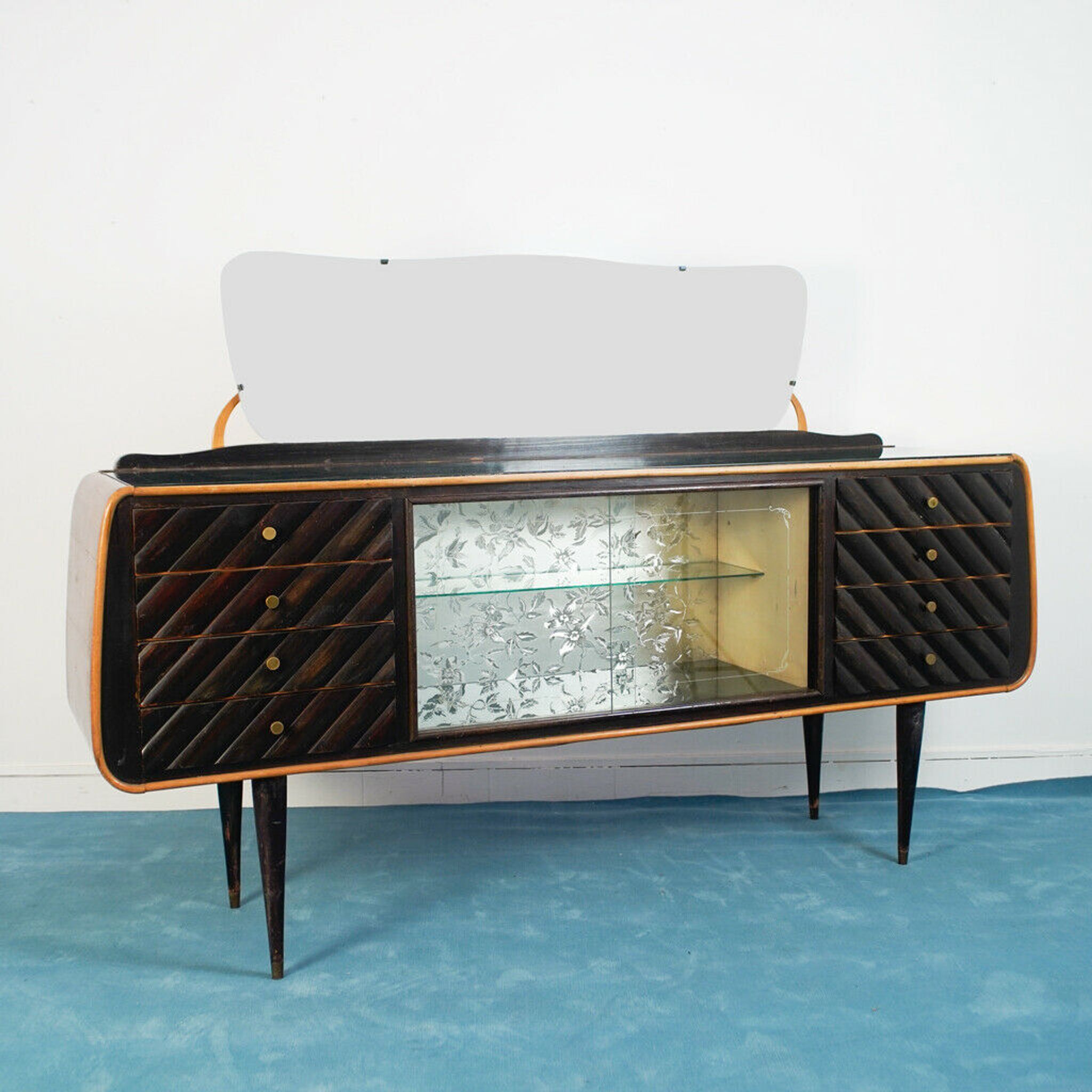 Dark wood sideboard glass design 1950s vintage modernariate
