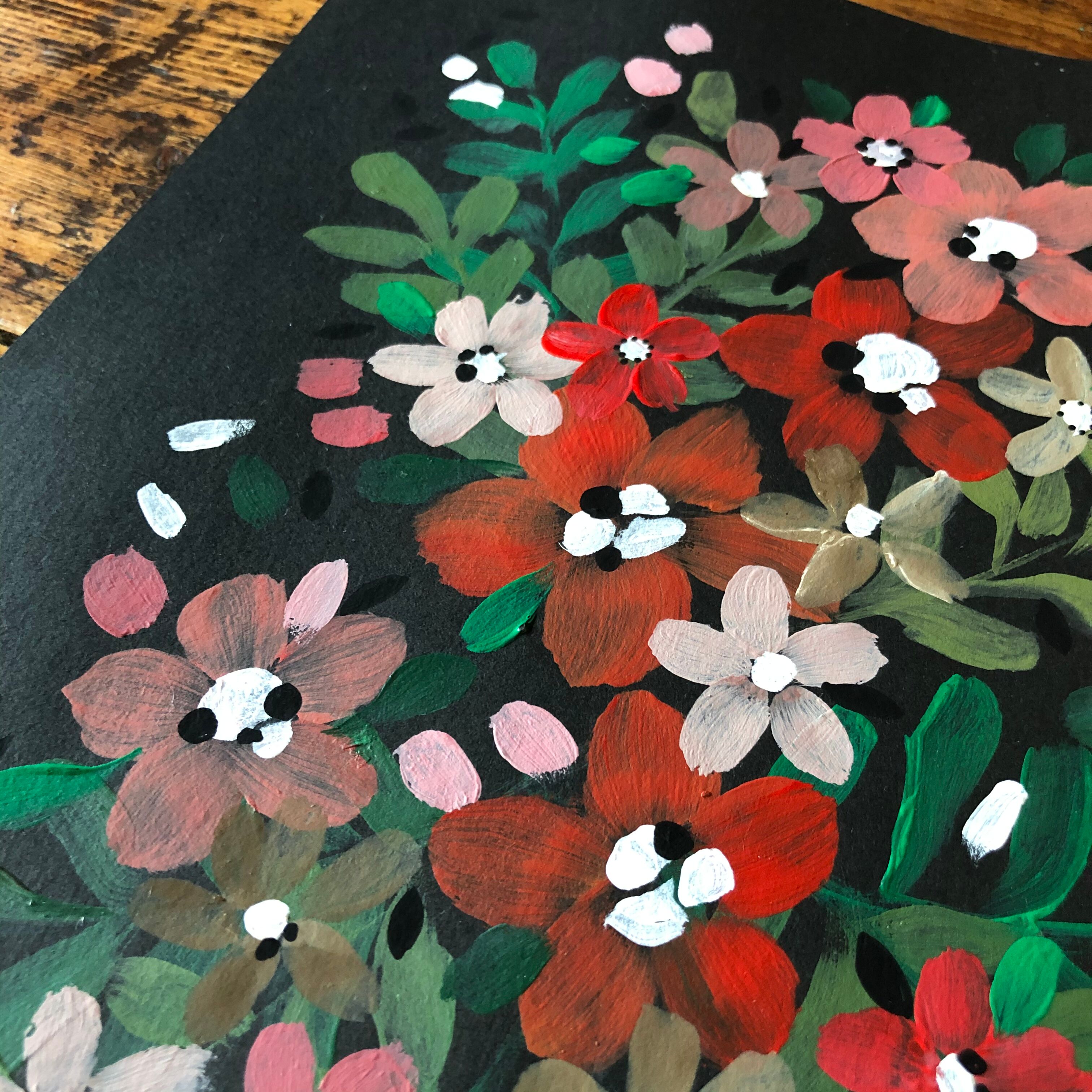 Peinture a4 fleurs roses et rouges