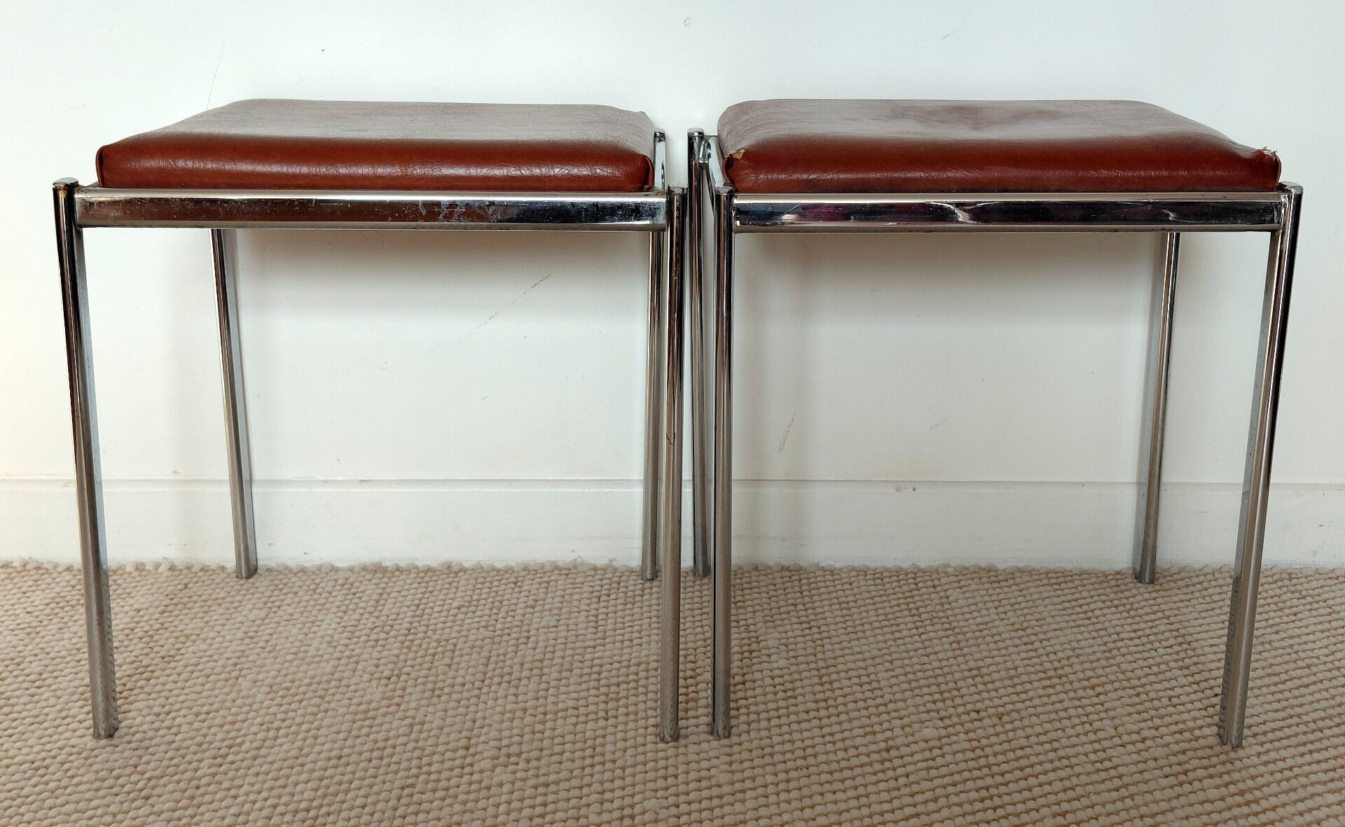 Pair of vintage stackable stools in faux leather and chrome - 70s
