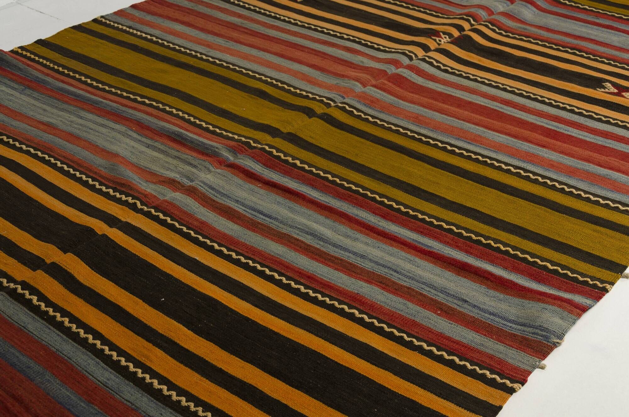 Large Vintage Striped Anatolian Hand-Woven Wool & Cotton Rugsku-135