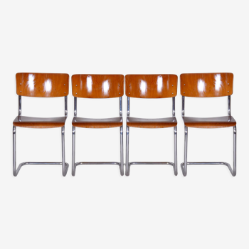 Ensemble de quatre chaises bauhaus en hêtre, restaurés, allemagne, années 1930