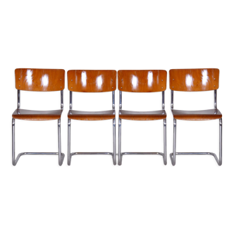 Set of four bauhaus beech chairs, restored, germany, 1930s