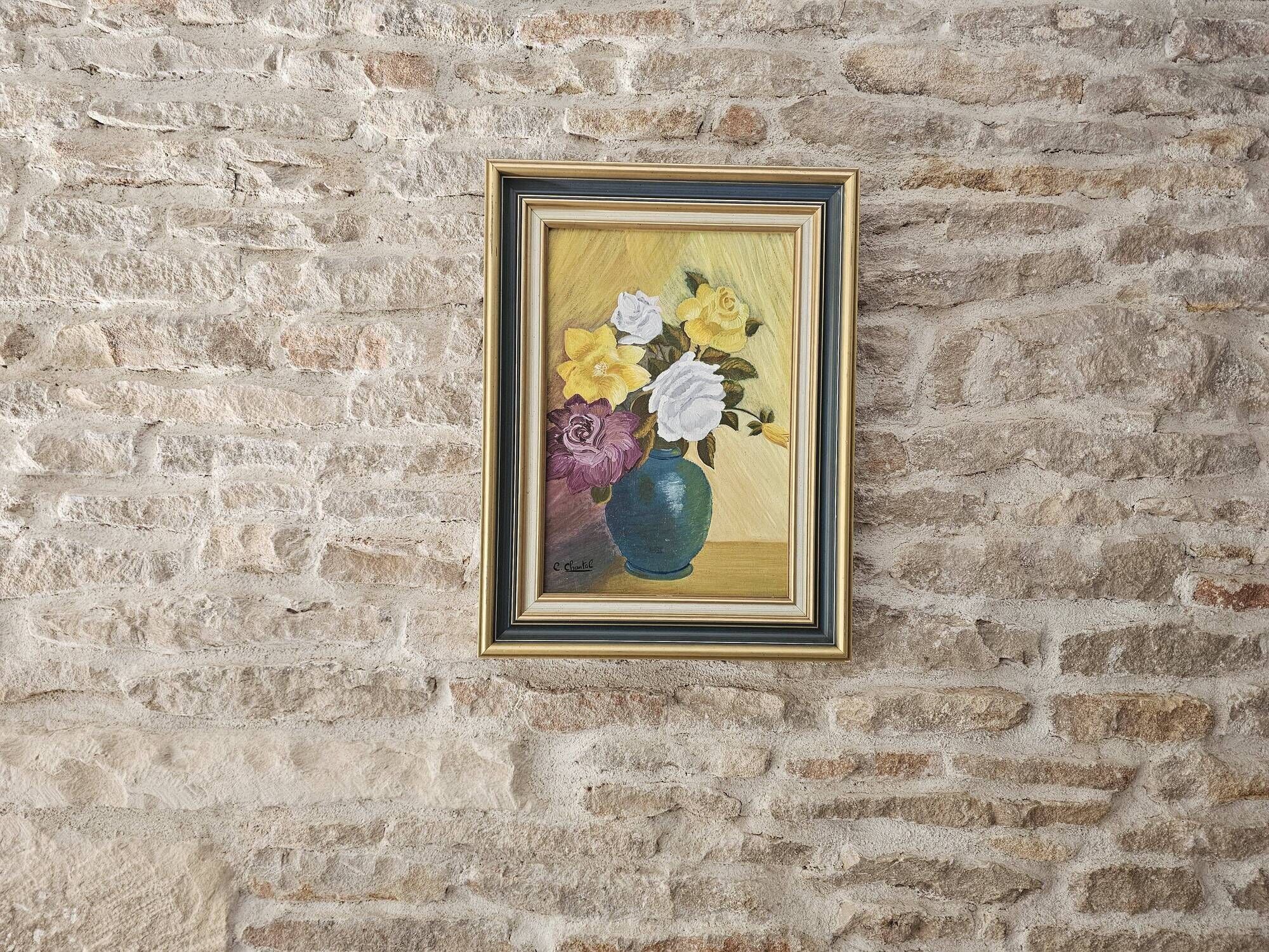 Oil on Canvas Board - Bouquet of Roses Signed Chantal Cogniard