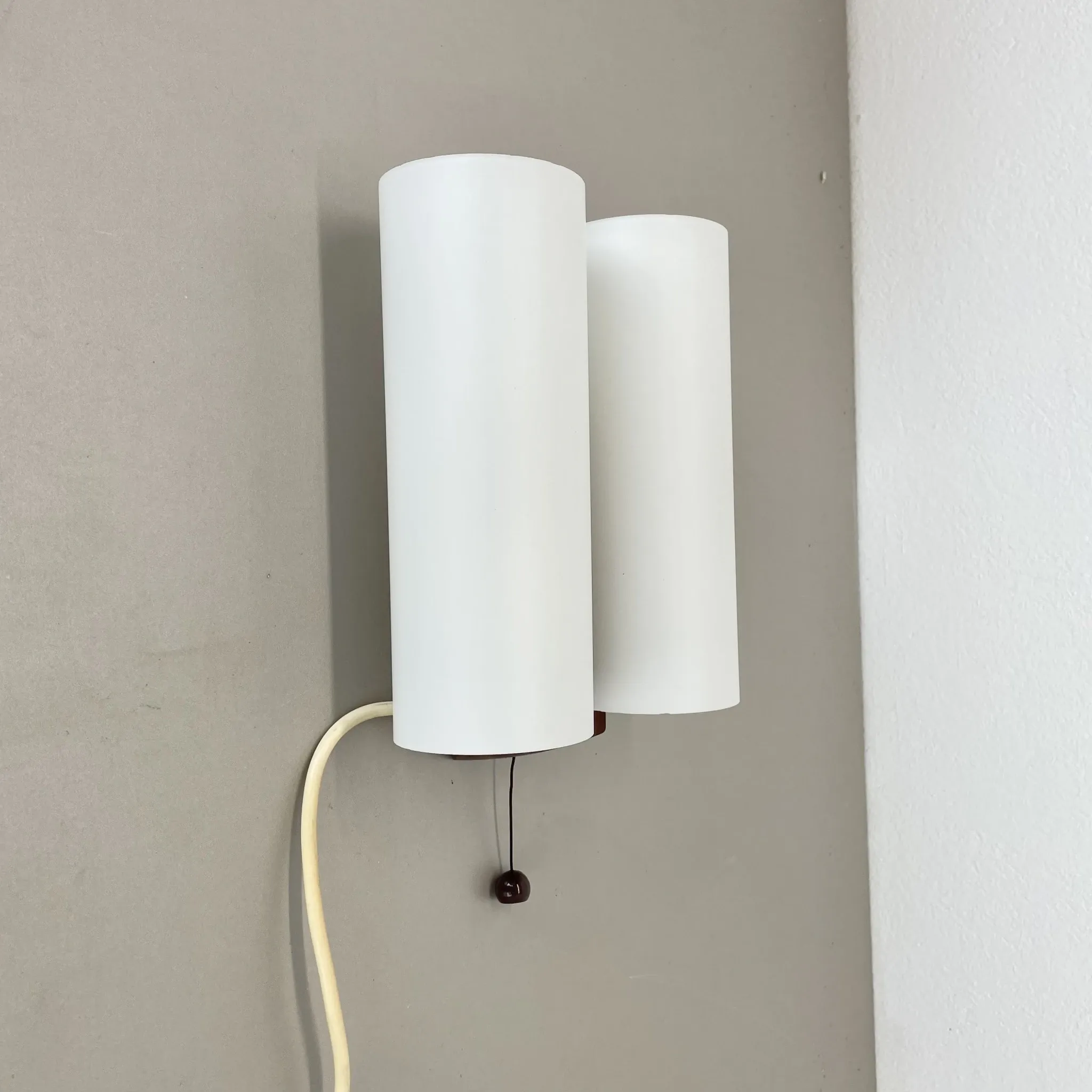 Minimalistic Wall Lamp from White Satin Glass and Teak Wood by LUXUS, Vittsjö, Sweden, 1970s