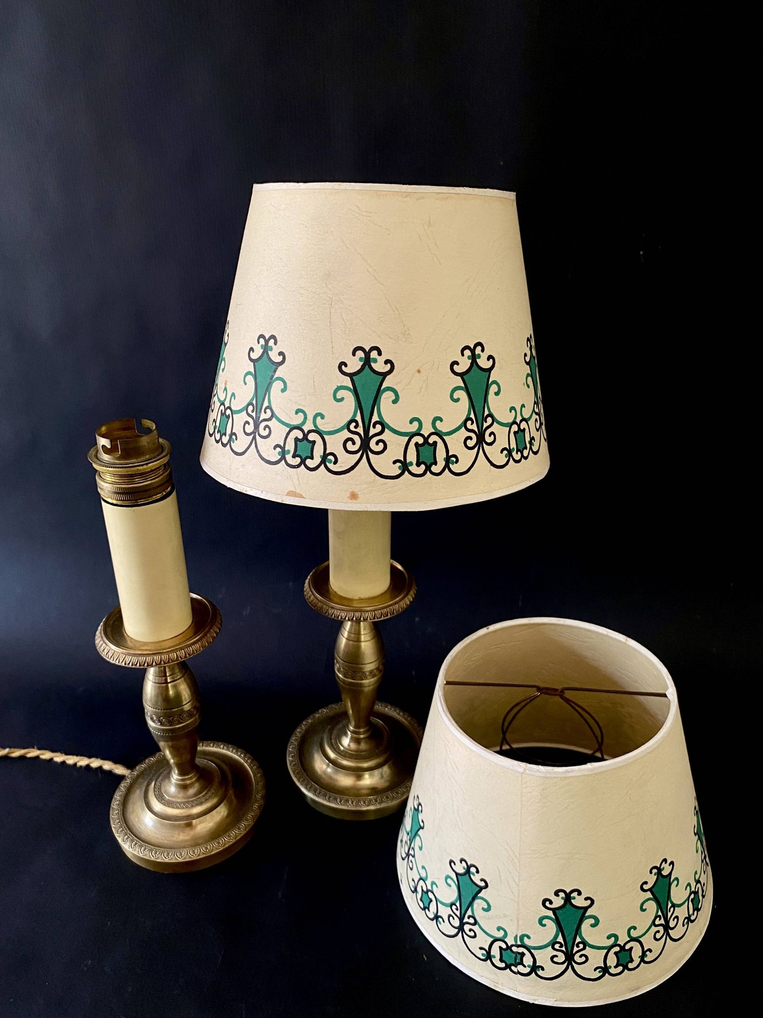 Pair of brass lamps, new 2M fabric cables, paper lampshades