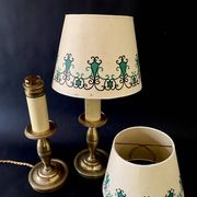 Pair of brass lamps, new 2M fabric cables, paper lampshades