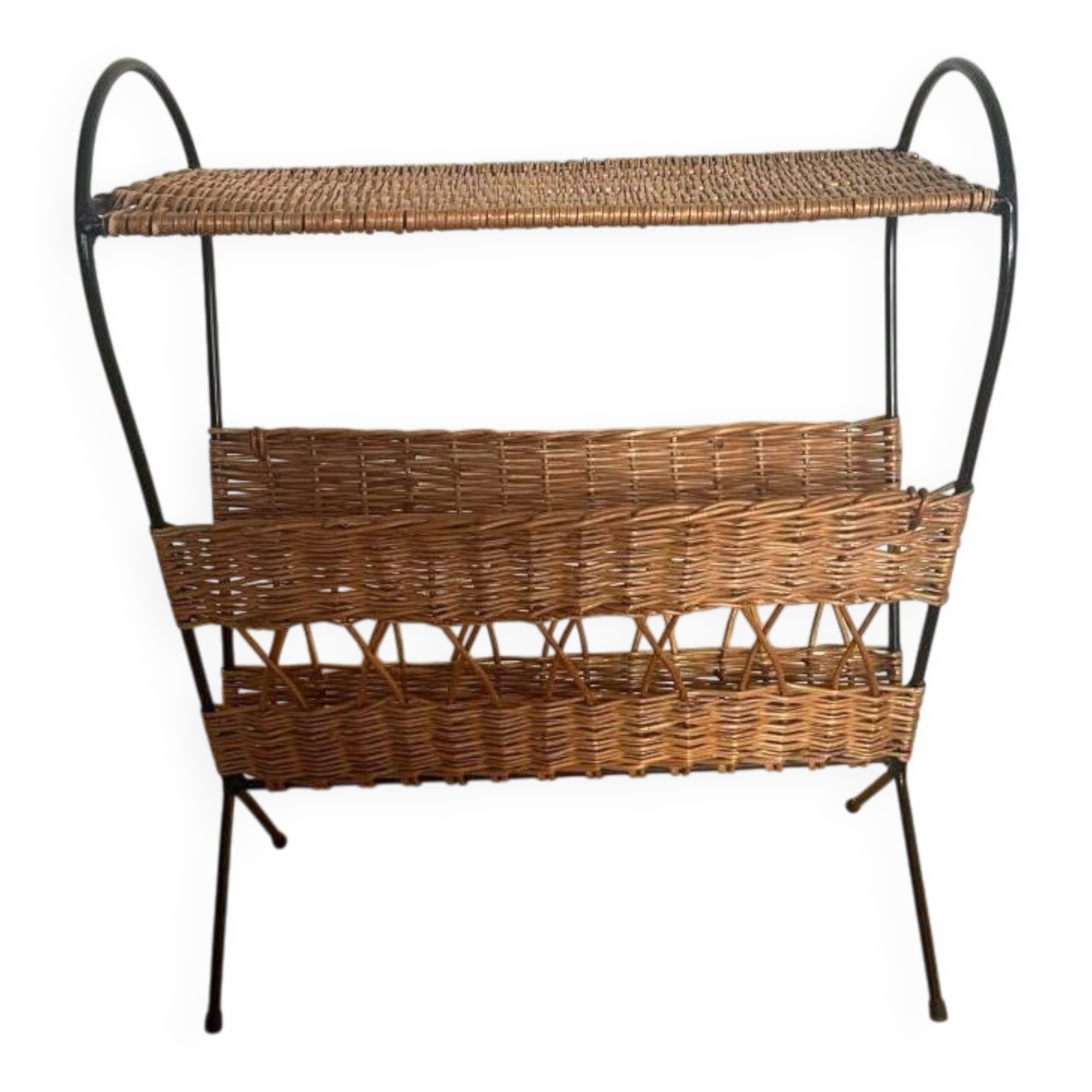 Vintage rattan and black metal magazine rack – Nightstand
