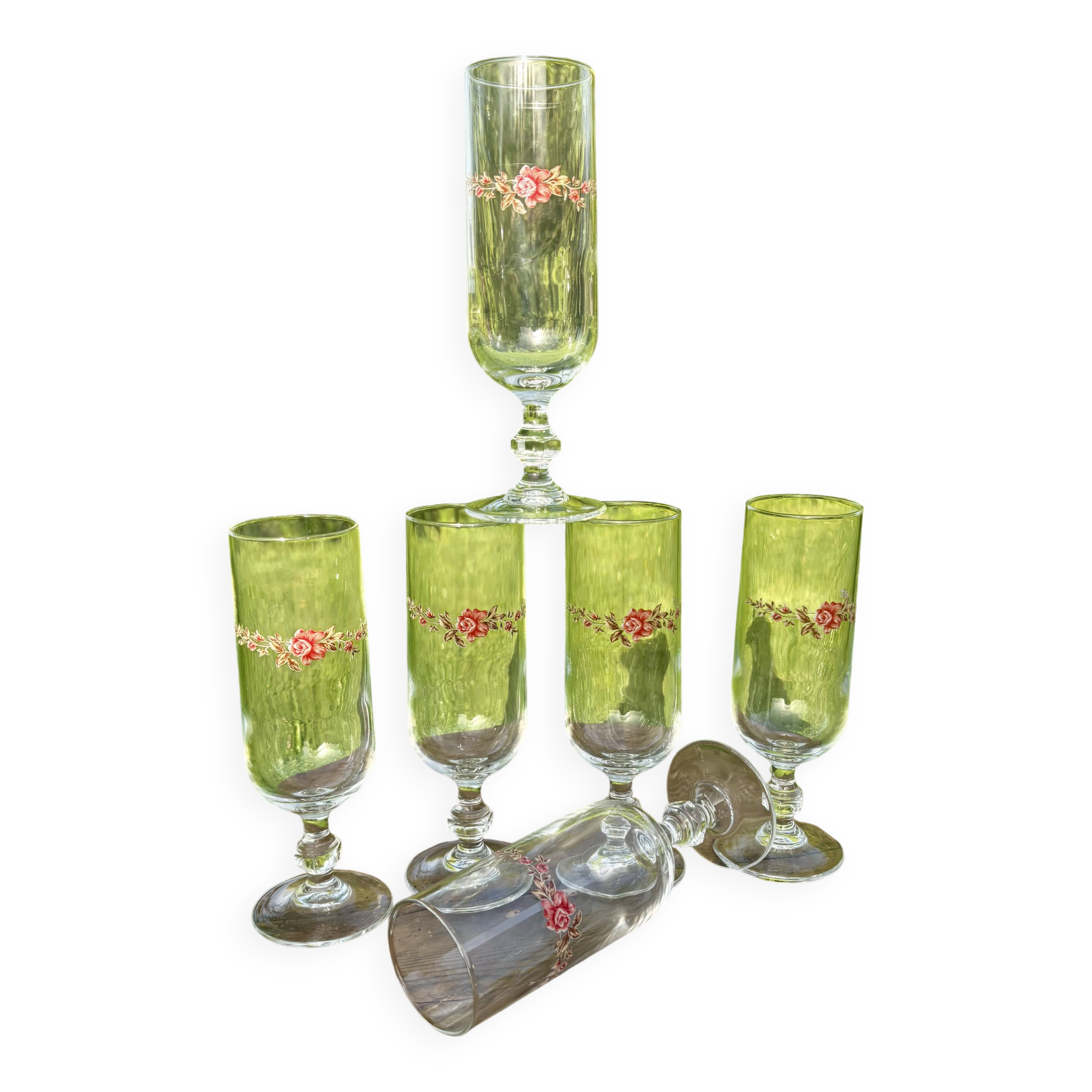 Vintage set of 6 floral champagne flutes