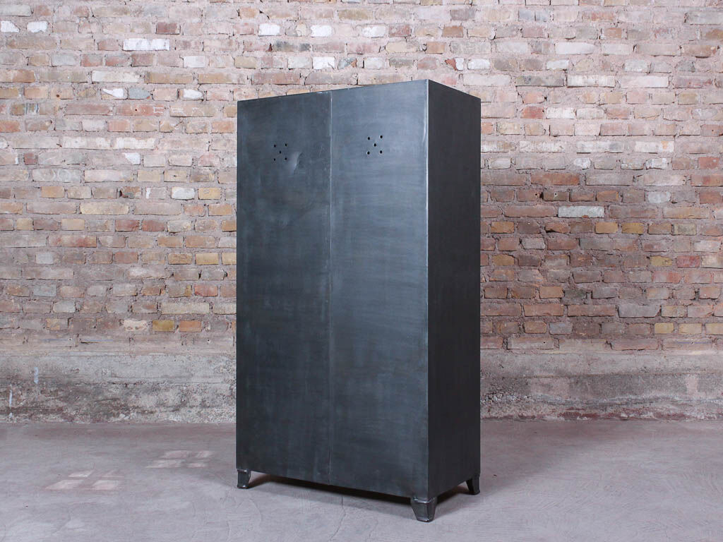 Industrial storage cabinet with 2 brushed steel swing doors, circa 1950