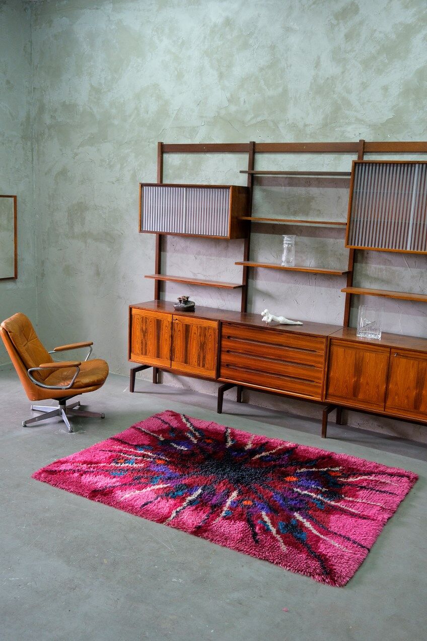 Abstract Scandinavian  Hand-Knotted High Pile Rya Rug Carpet, Sweden, 1960s