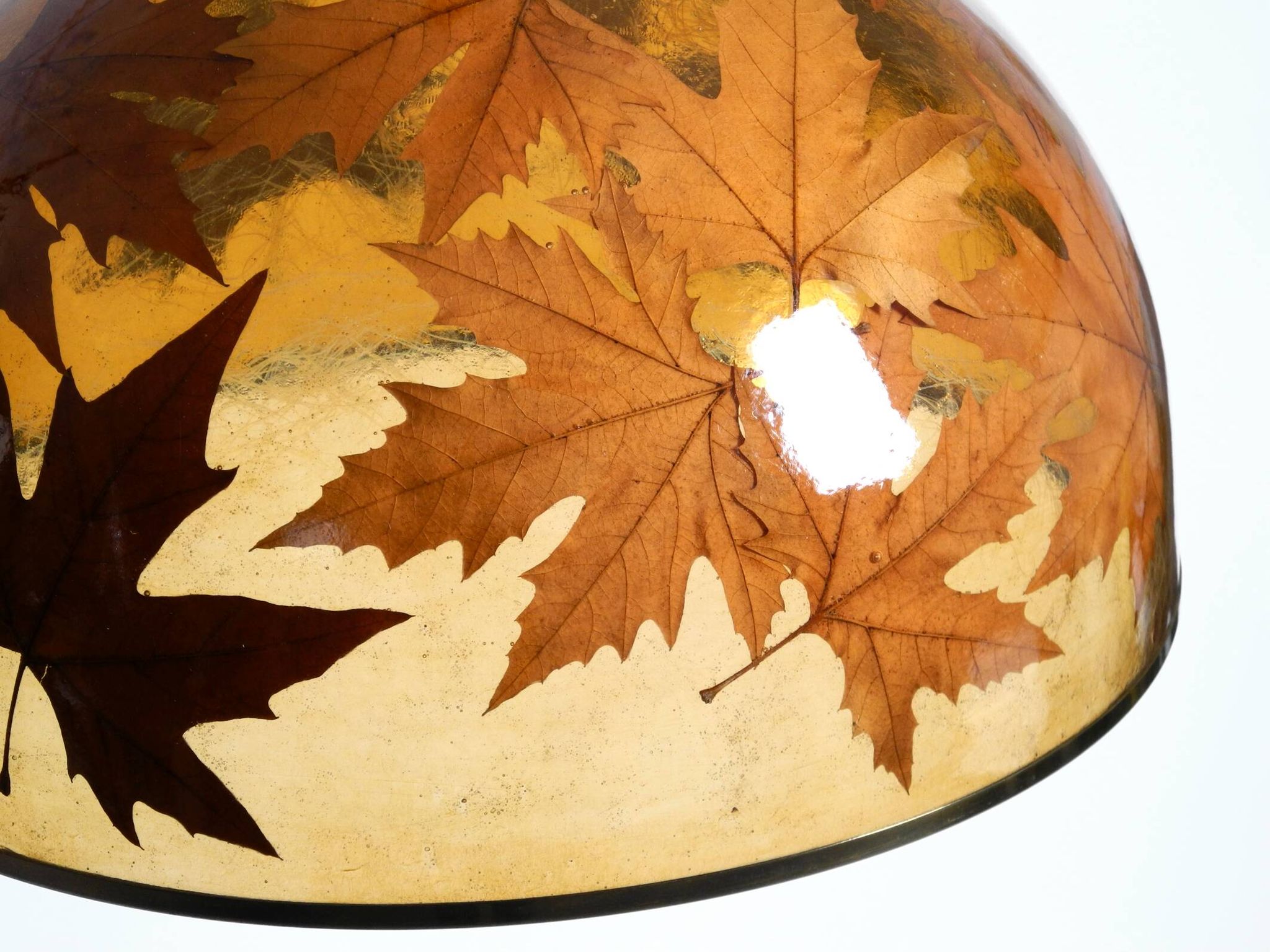 Rare, large 1970s Italian resin pendant lamp with embedded maple leaves
