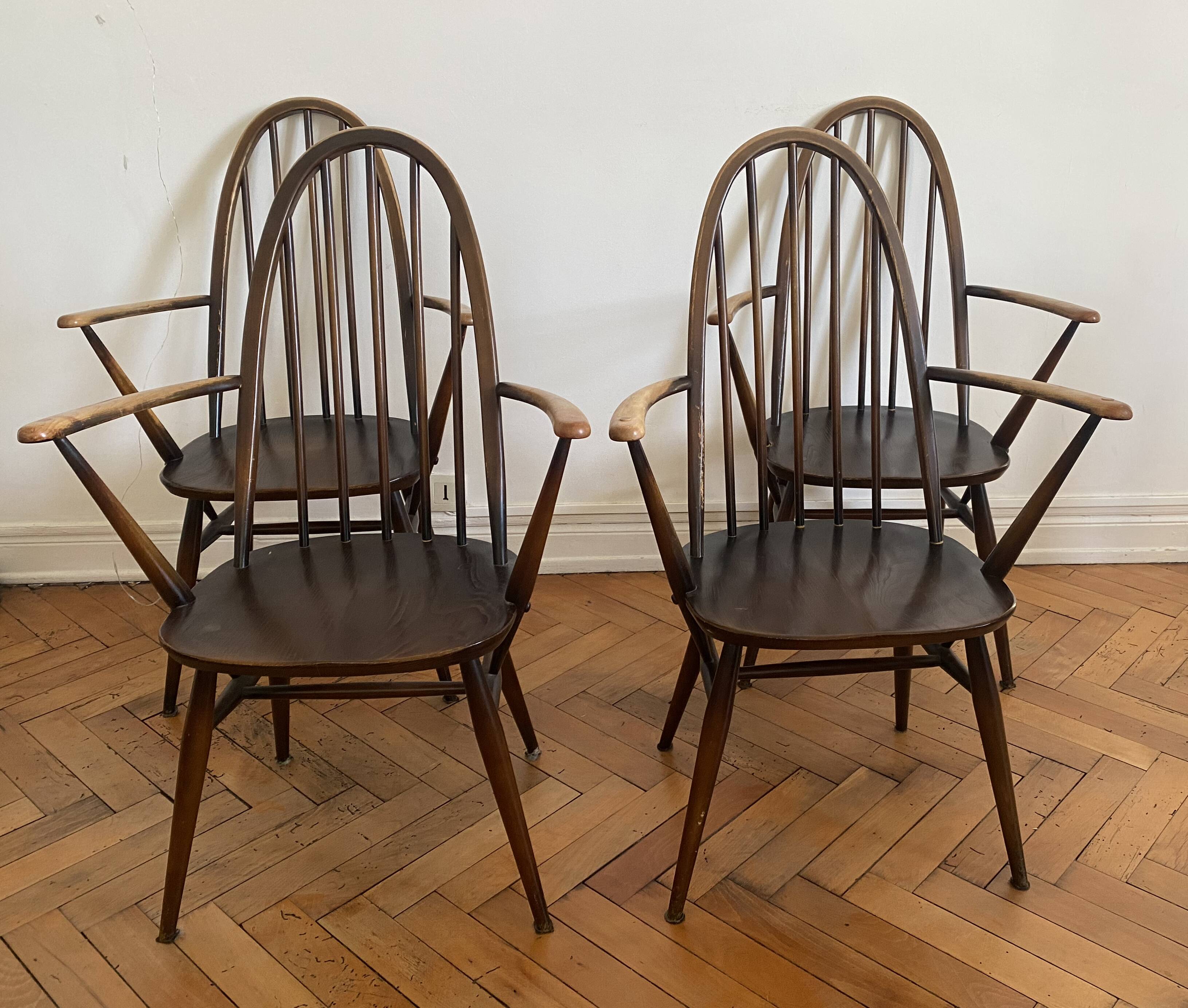 Rare set of 4 Ercol Quaker dining chairs / armchairs - English design 1960.